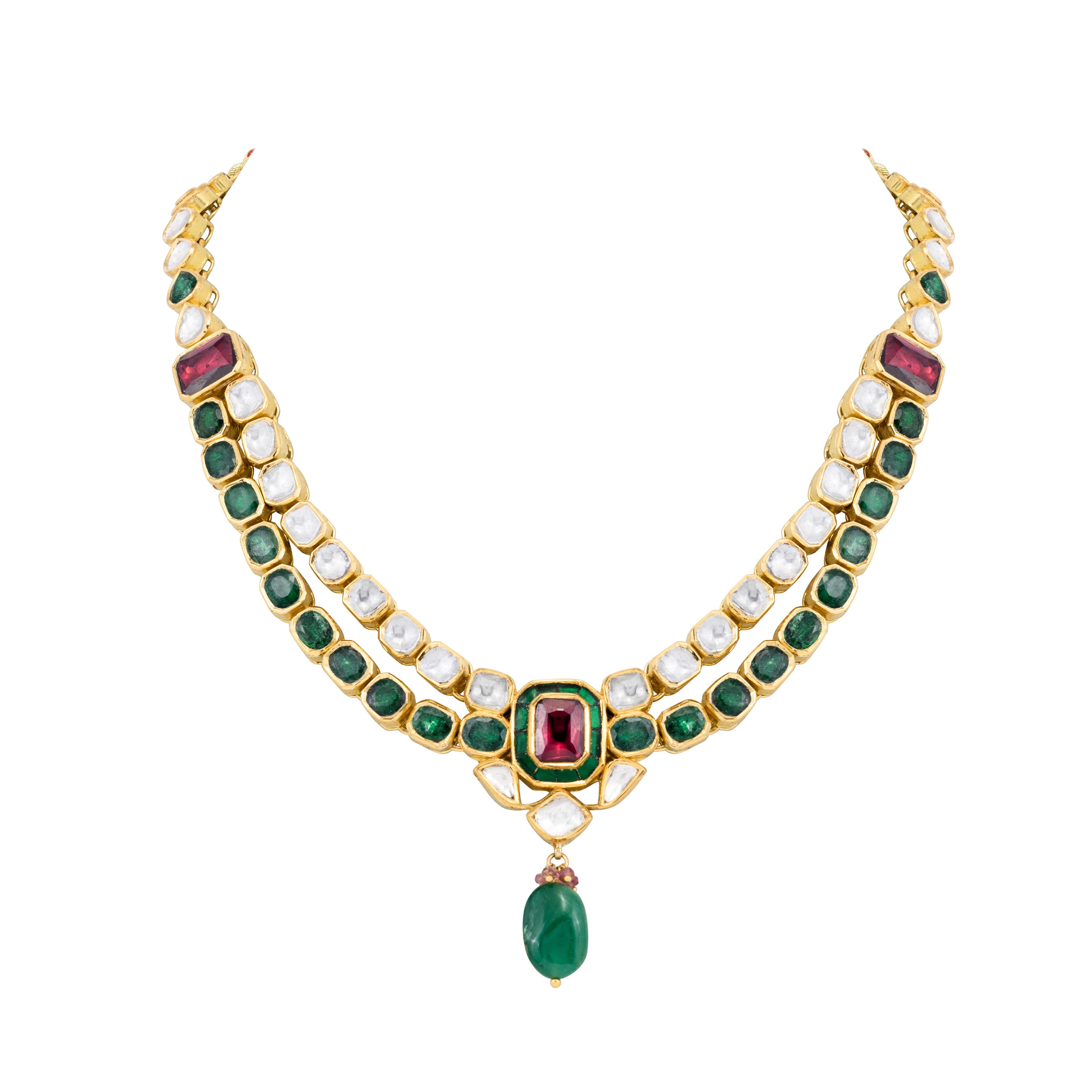 Two-Row Polki Necklace with Tourmaline Center