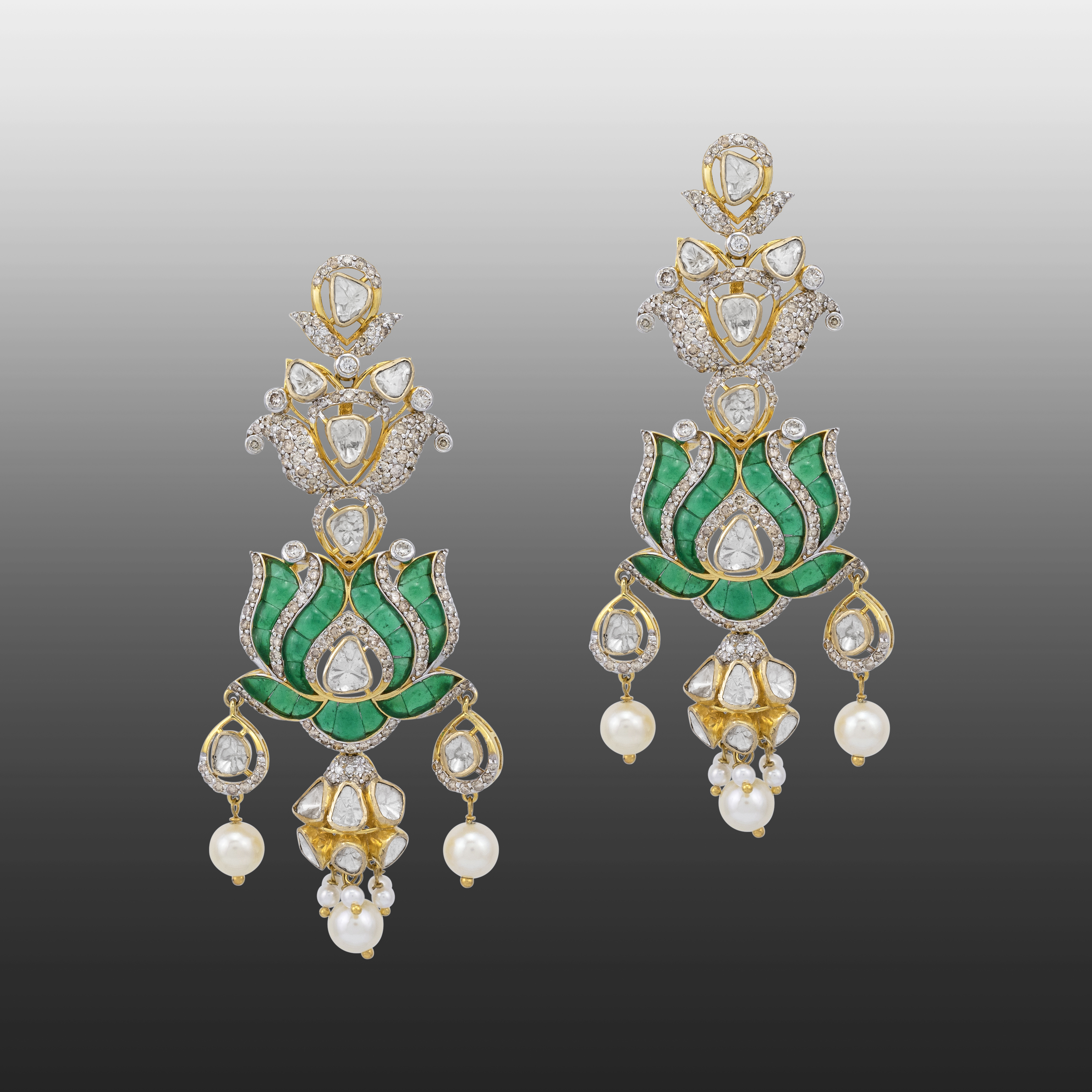 Polki Lotus Danglers with Japanese Pearl Drops