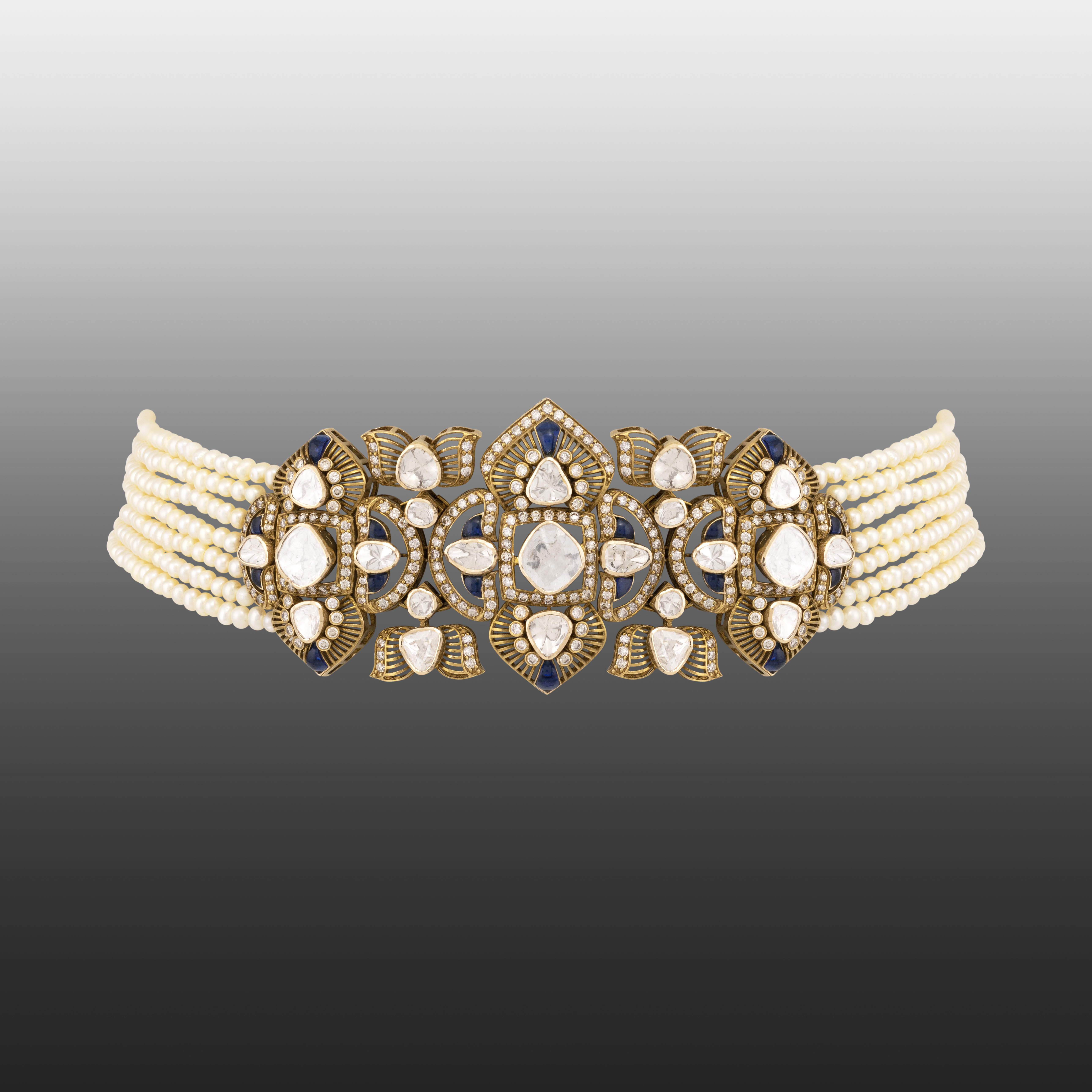 Antique Finish Choker with Blue Detail and Cheed Pearls