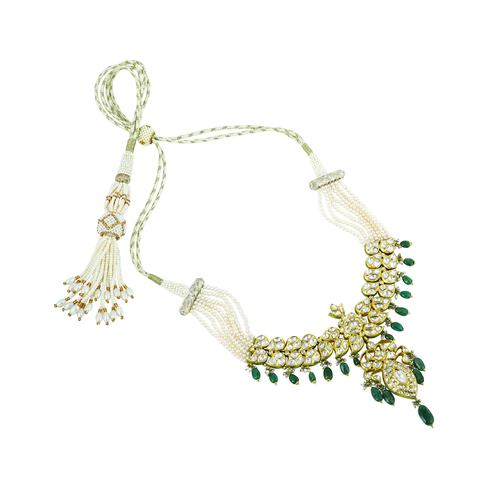 Polki Necklace Set with Emerald Drops and Pearl Strands