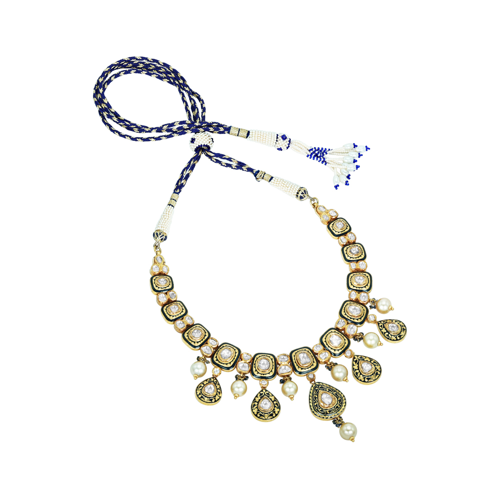 Black Inlay Polki Set with Green Enamel and Pearl Drops