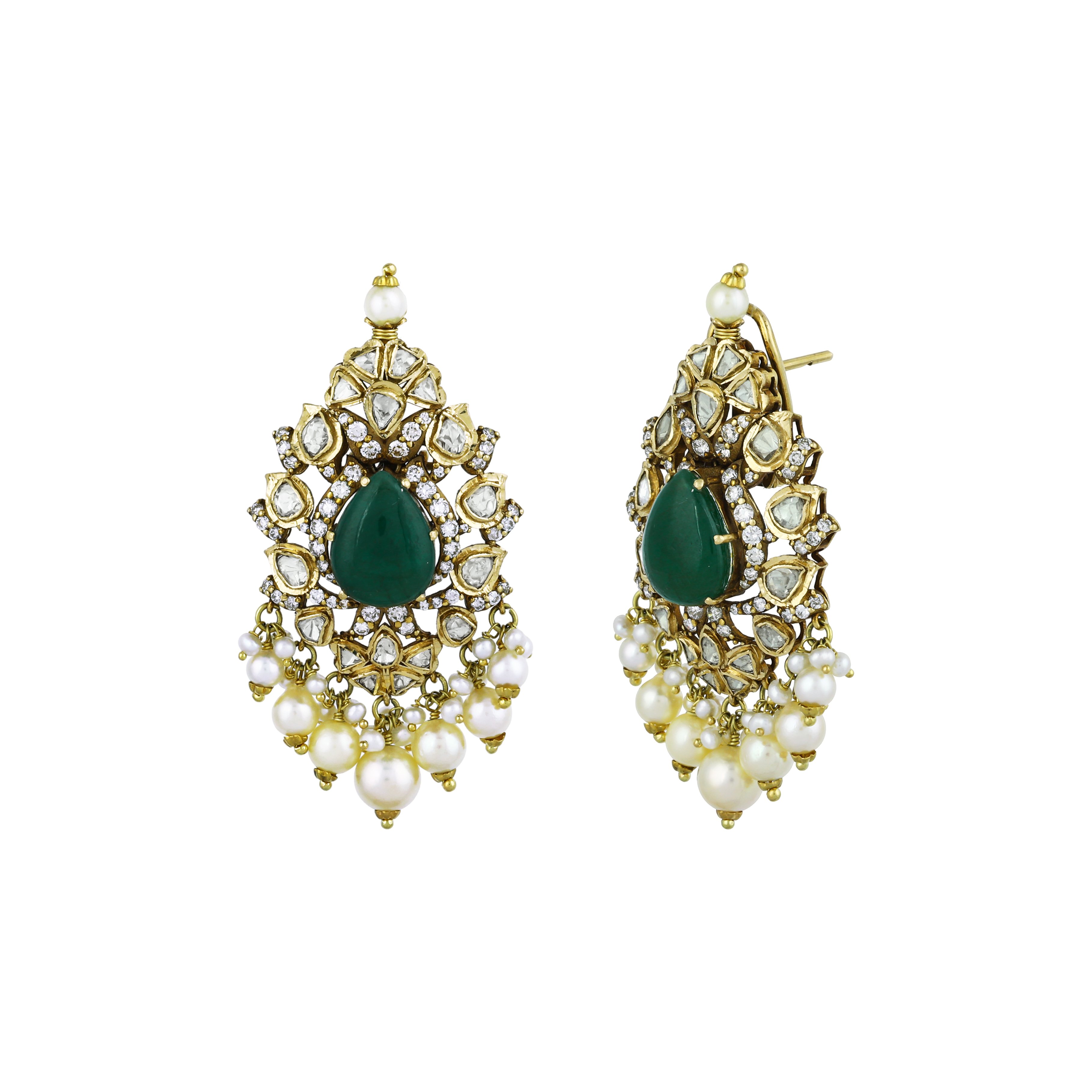 Emerald Drop Cabochon Choker Set with Polki Diamonds and Pearls