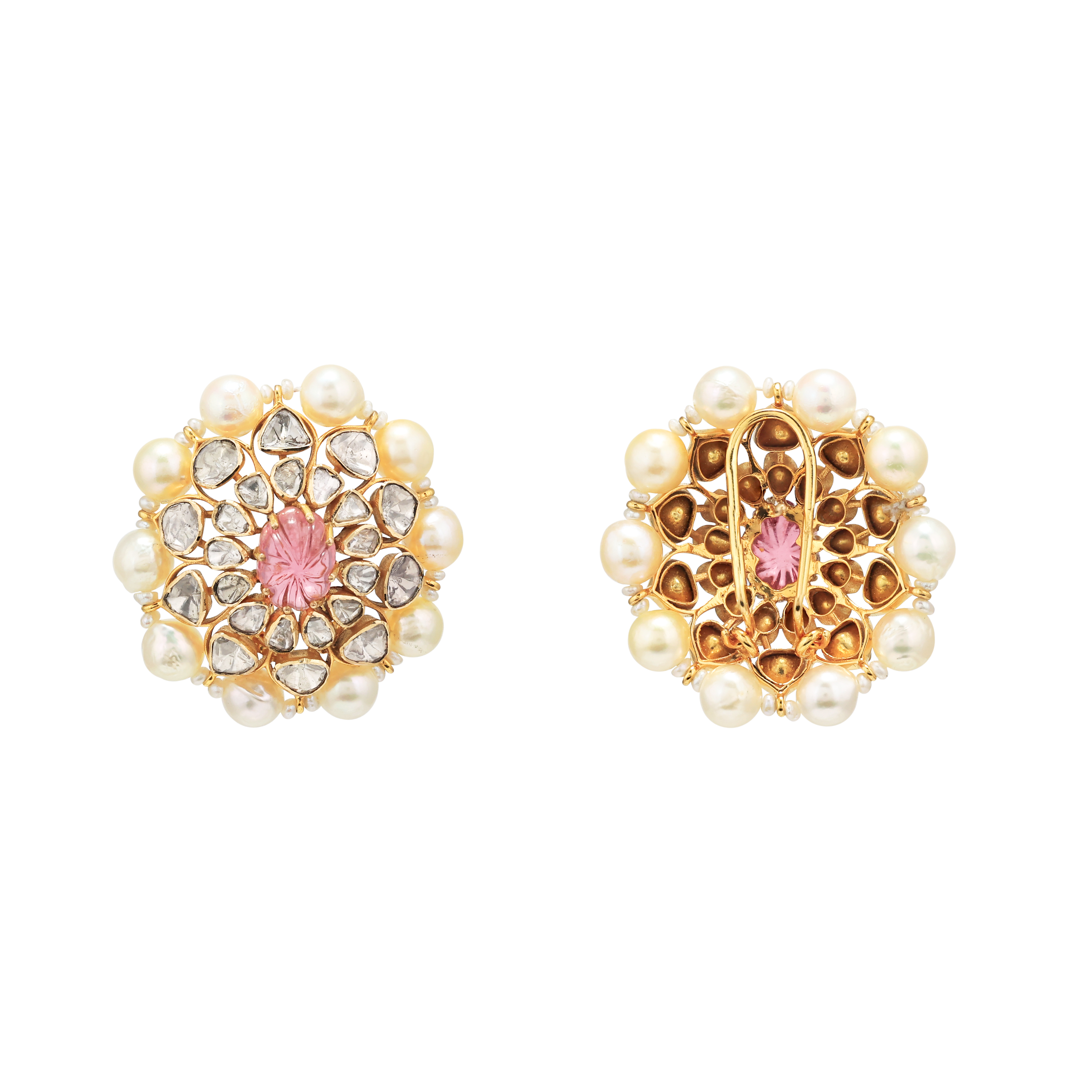 Pink Carved Tourmaline Polki Stud with Natural Pearls