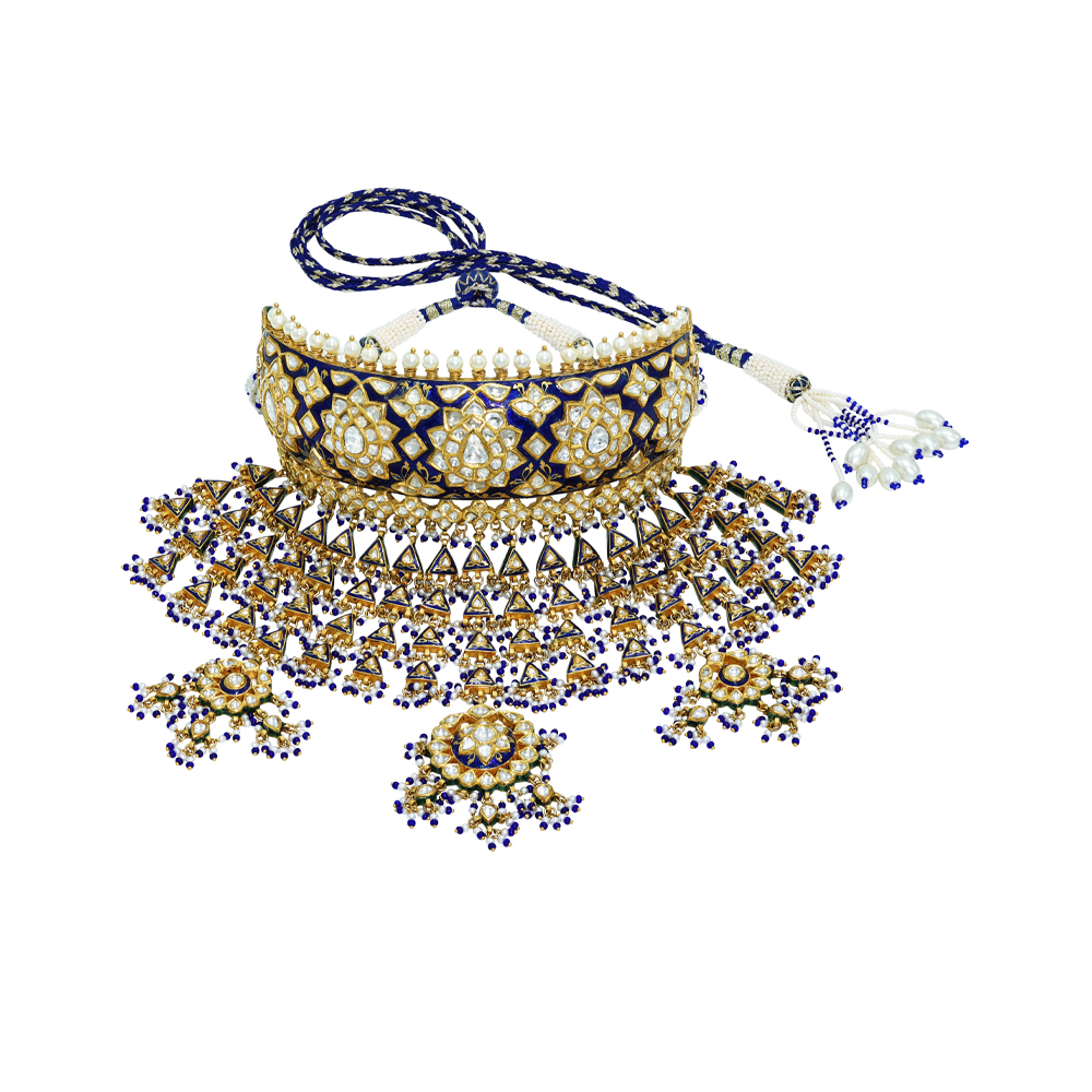 Aad Choker with Polki, Blue Meenakari, Pearls, and Beads