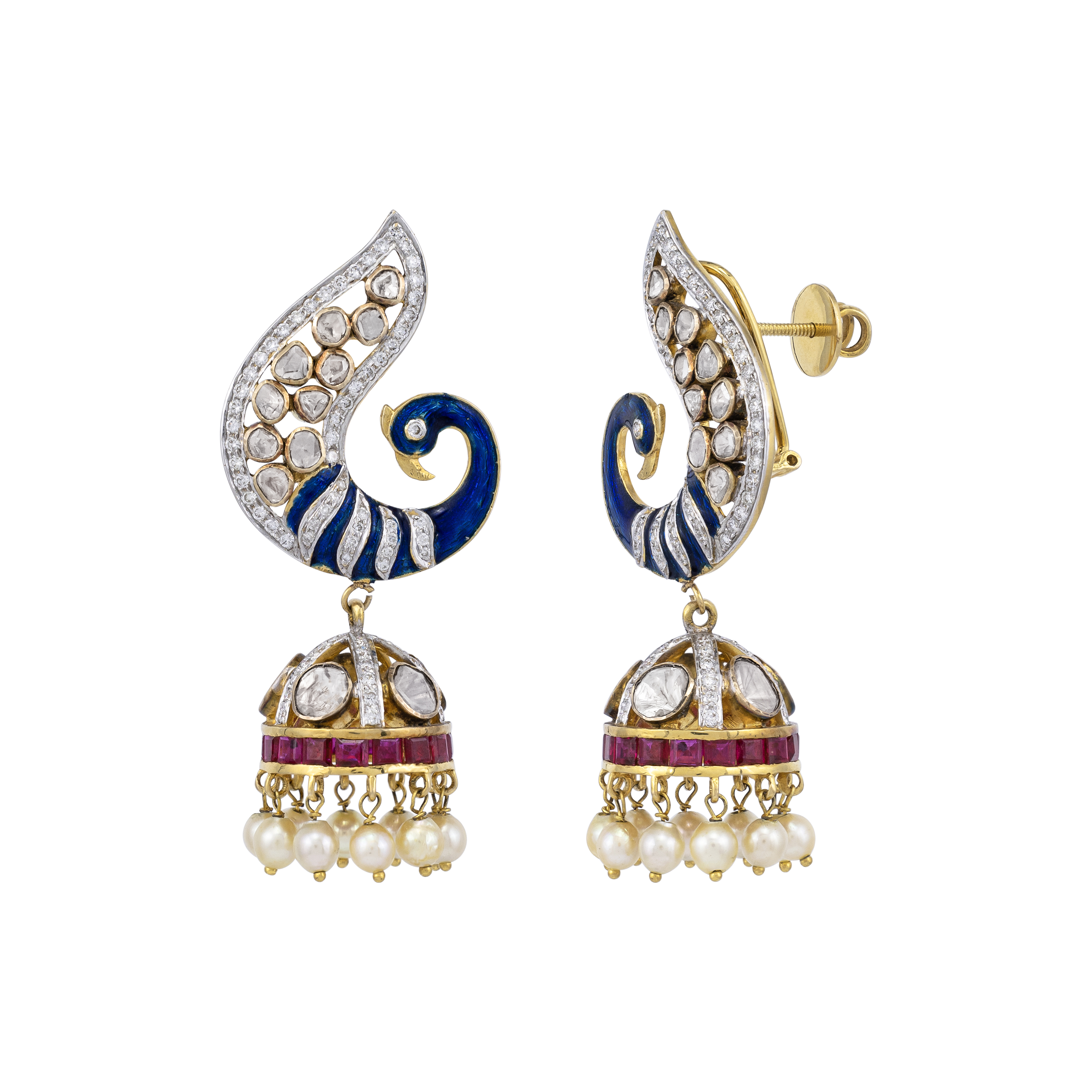 Peacock Danglers with Ruby and Japanese Pearls