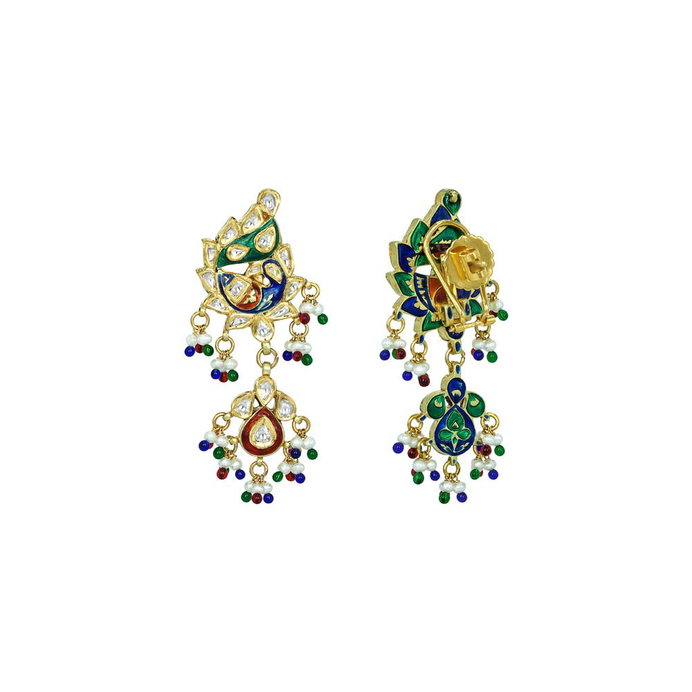 Peacock Polki Earrings with Enamel Peacock and Beads