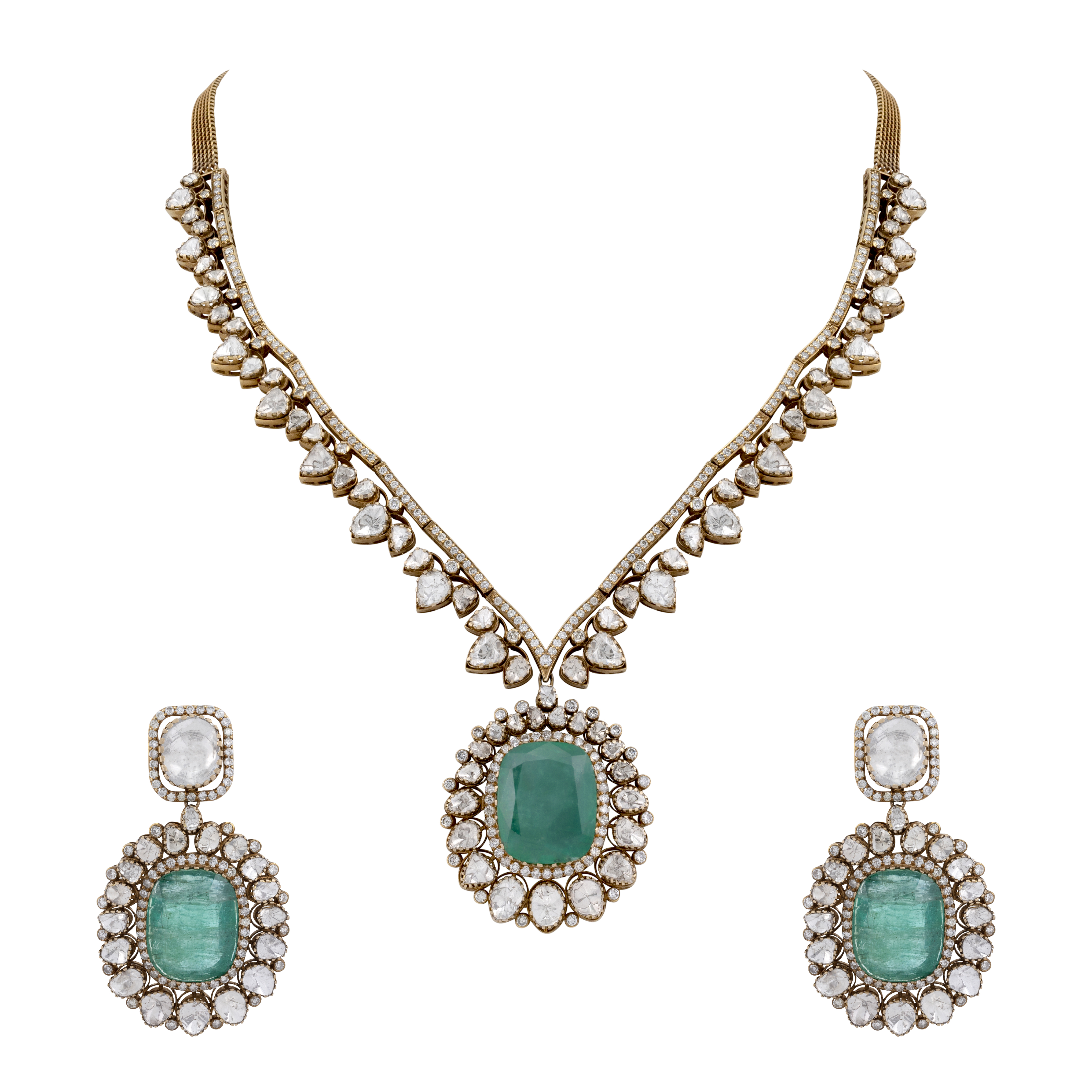 Emerald Pendant Necklace and Earring Set with Diamond Highlights