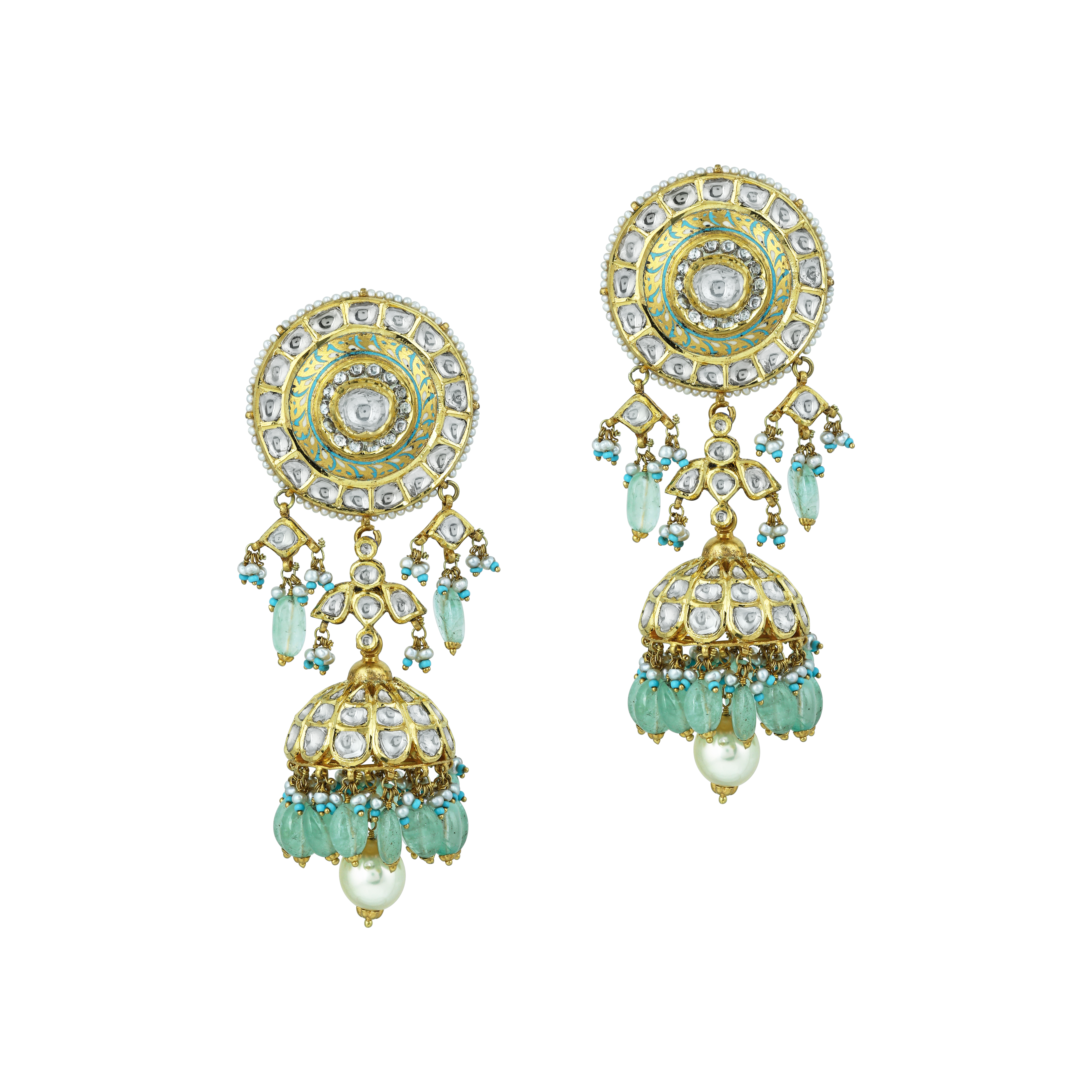 Meenakari Polki Necklace Set with Mint Green Drops and Pearls