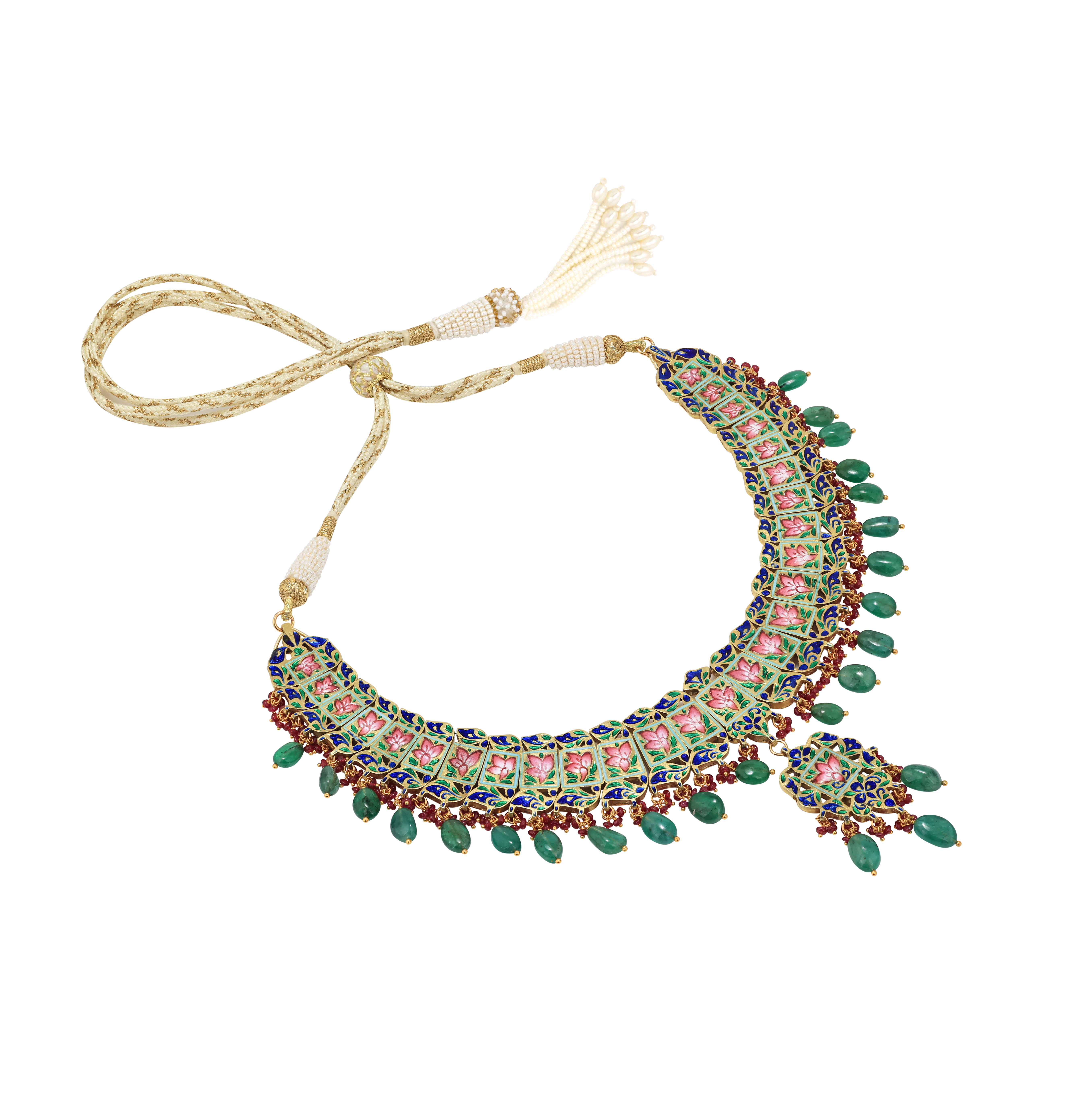Pink Floral Polki Necklace with Emerald Maniya and Red Beads