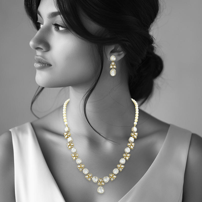 Floral Polki Necklace Set with Pearls and Matching Earrings