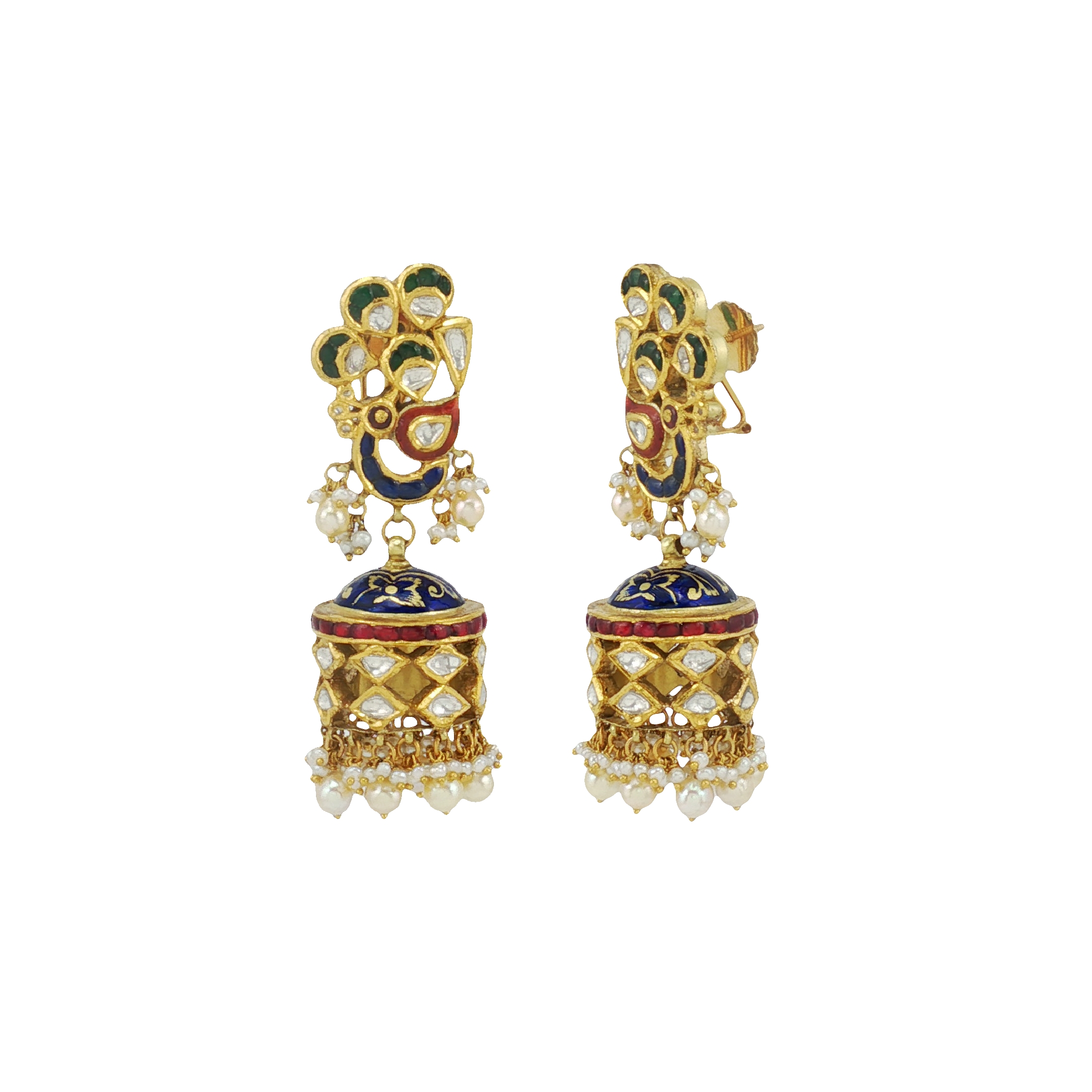 Enamel Polki Jhumkas with Pearls