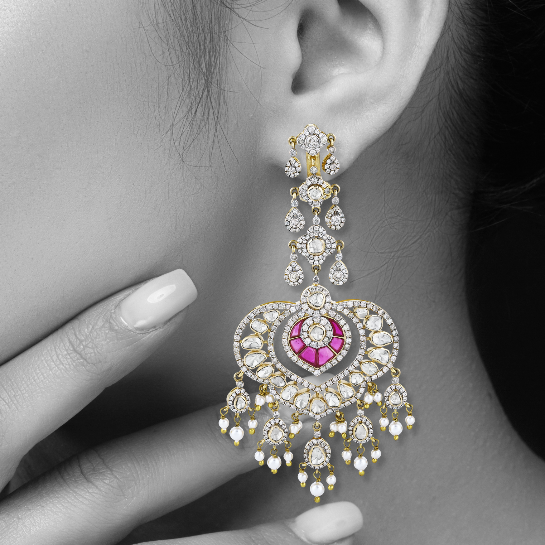 Polki Chandelier Earrings with Red Talaf, Diamonds, and Pearls