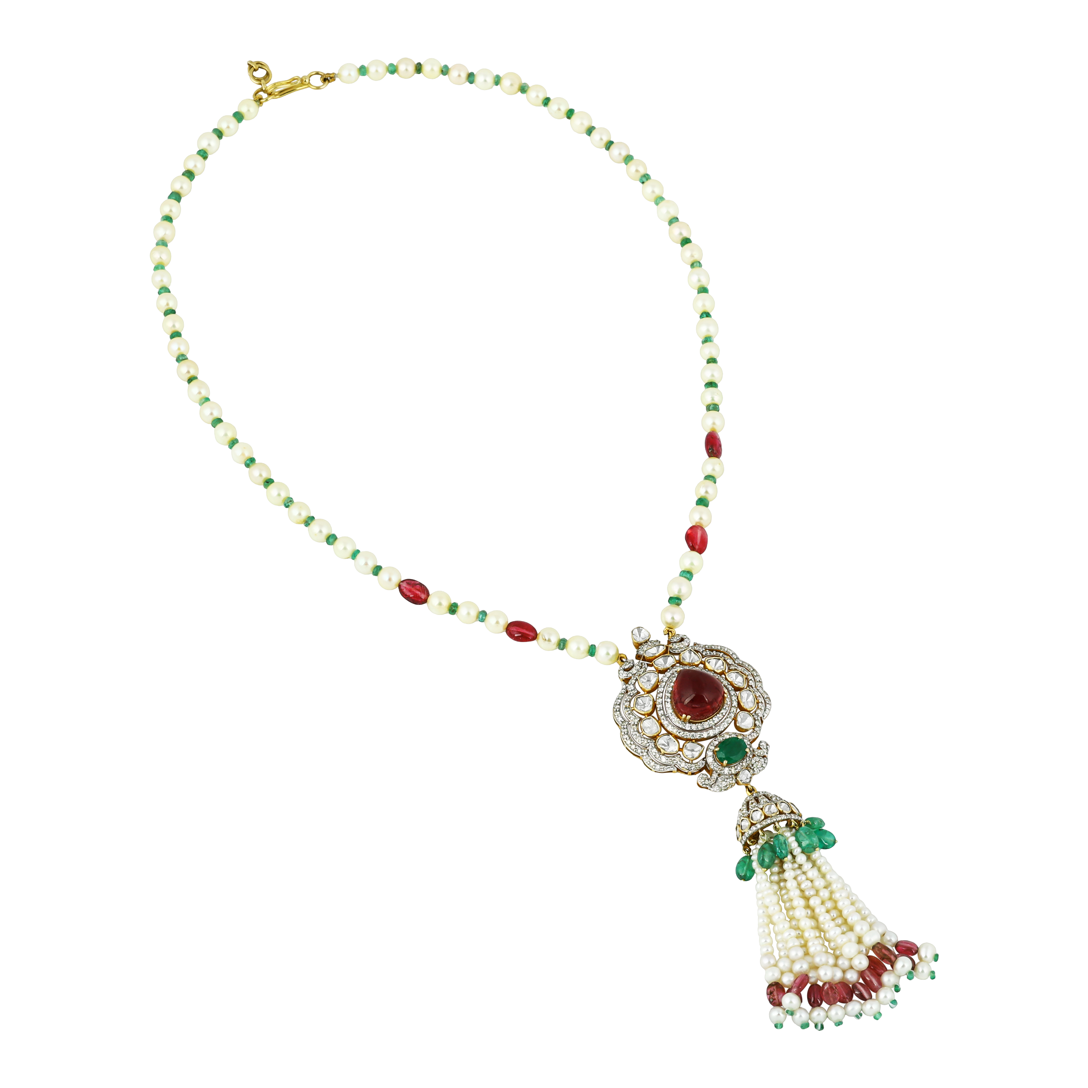 Polki Pendant with Pearl Tassels & Pear Tourmaline