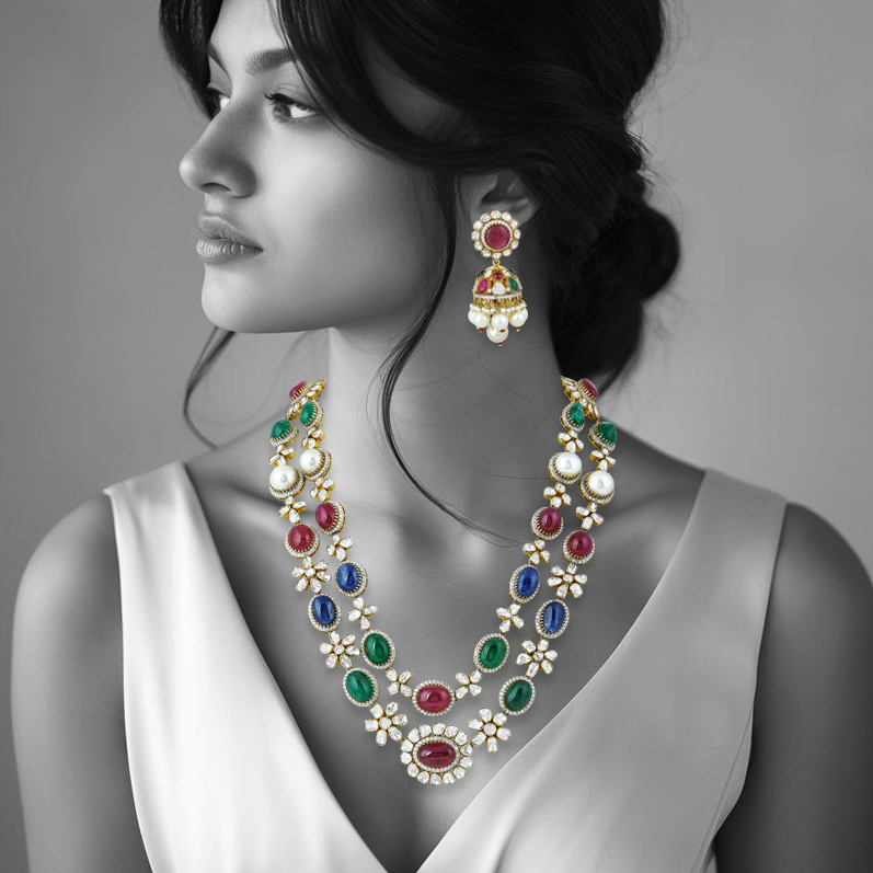 Navratan Necklace Set with Open Polki and Floral Motifs