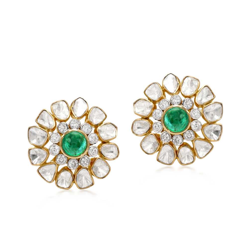 Floral Polki Stud Earrings with Center Emerald and Diamond Cluster