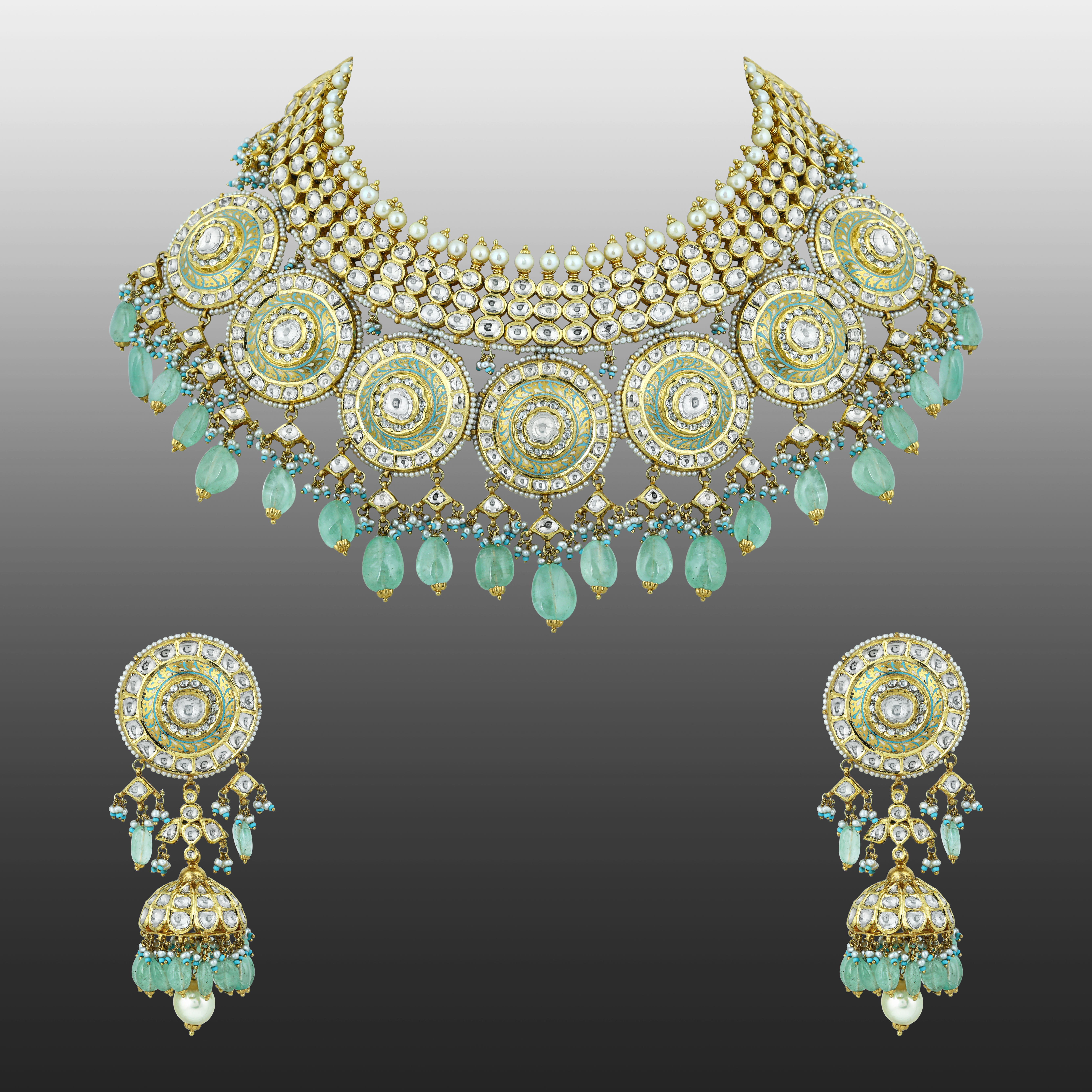 Meenakari Polki Necklace Set with Mint Green Drops and Pearls
