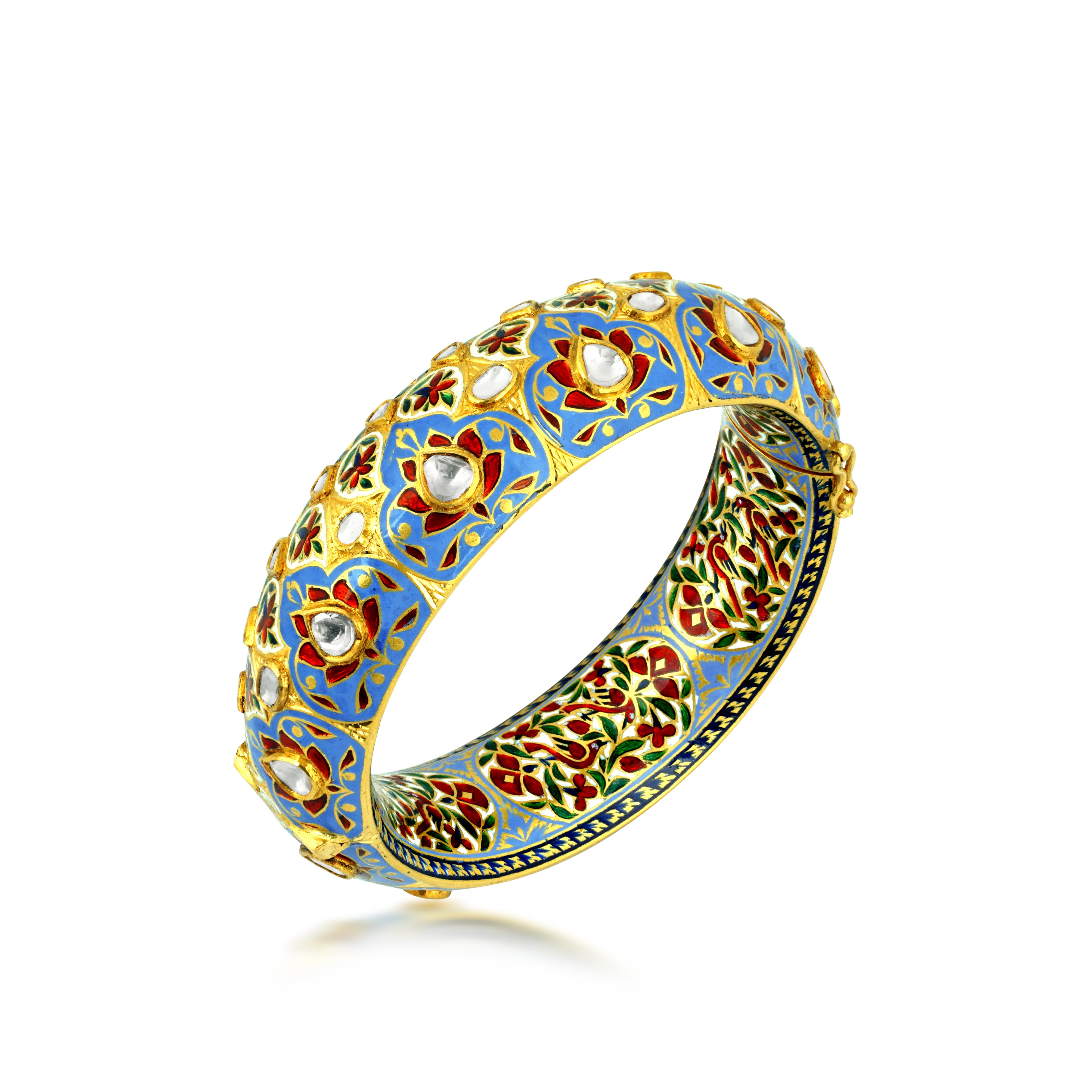 Gold Bangle with Crimson Lotus Motifs and Polki on Blue Enamel