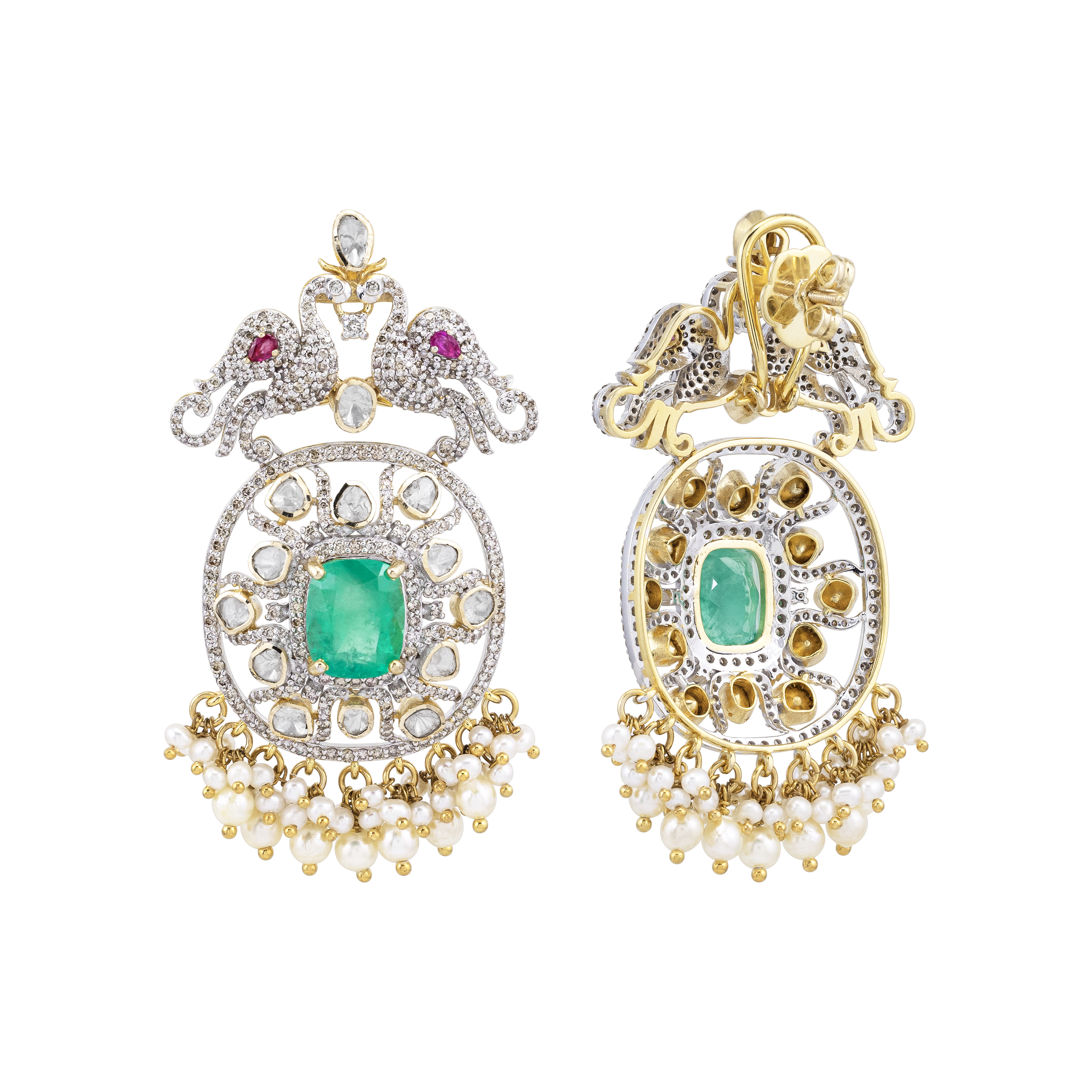 Emerald Cutstone Earrings with Twin Peacock