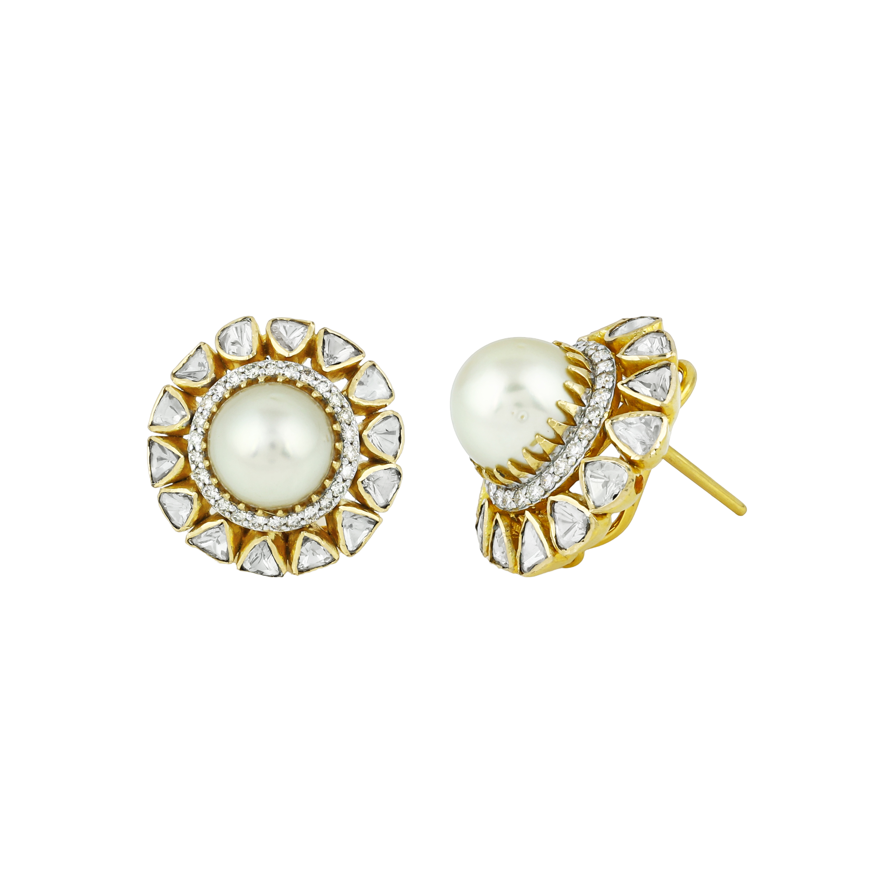 Pearl Stud Earrings with Polki Diamond Circular Halos