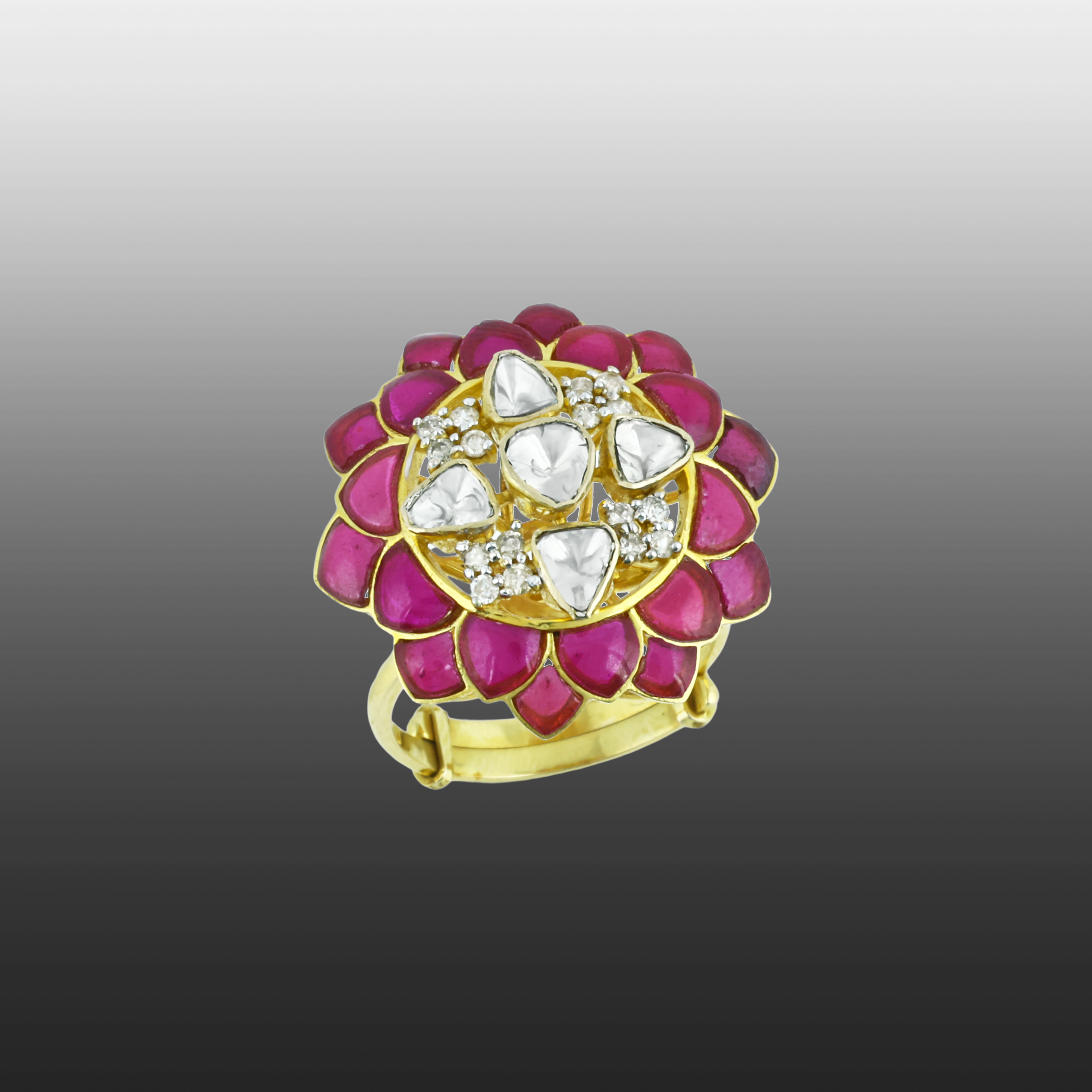 Floral Polki Ring with Pink Talaf and Diamond Polki