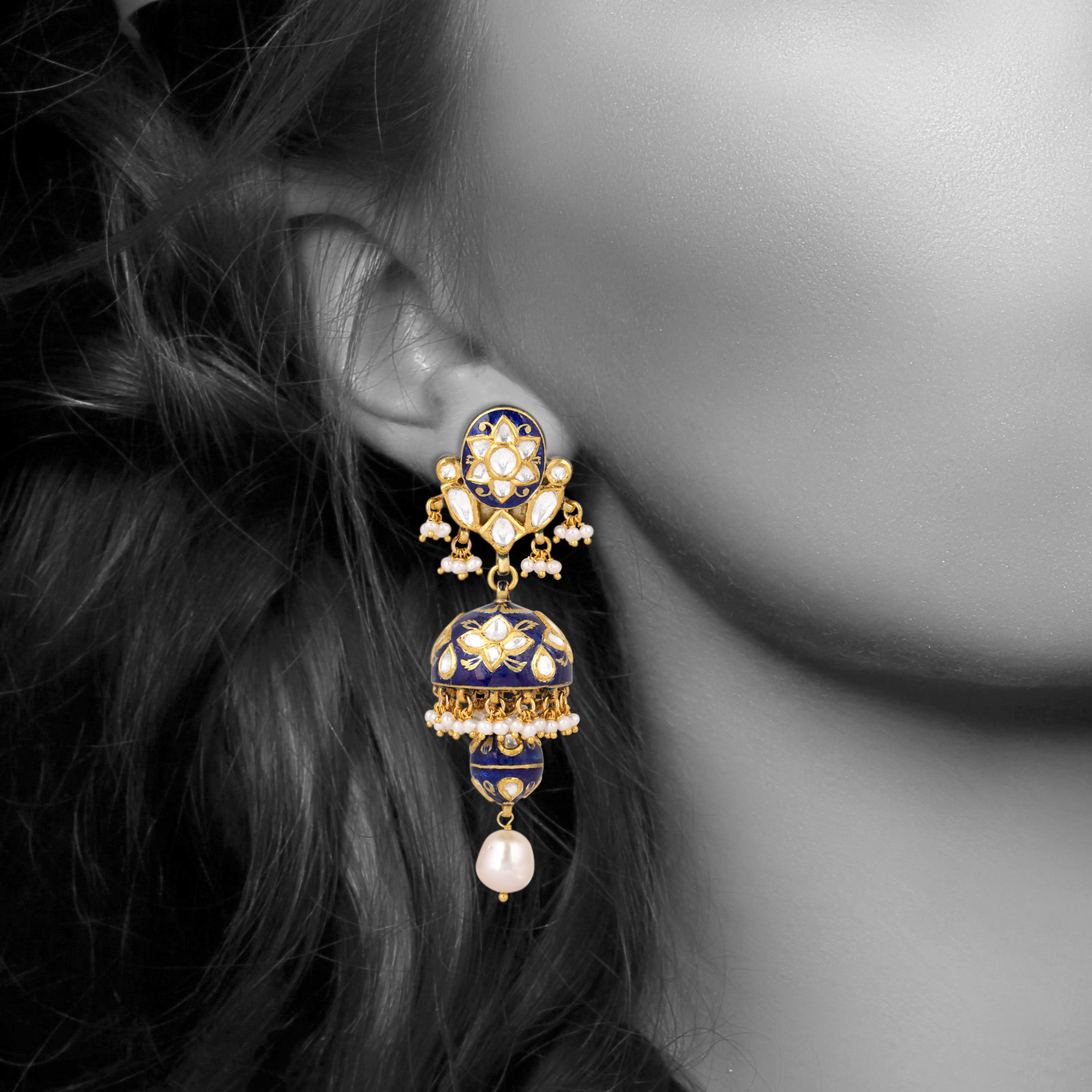 Indigo Enamel Jhumki Earrings with Polki and Pearl Drops