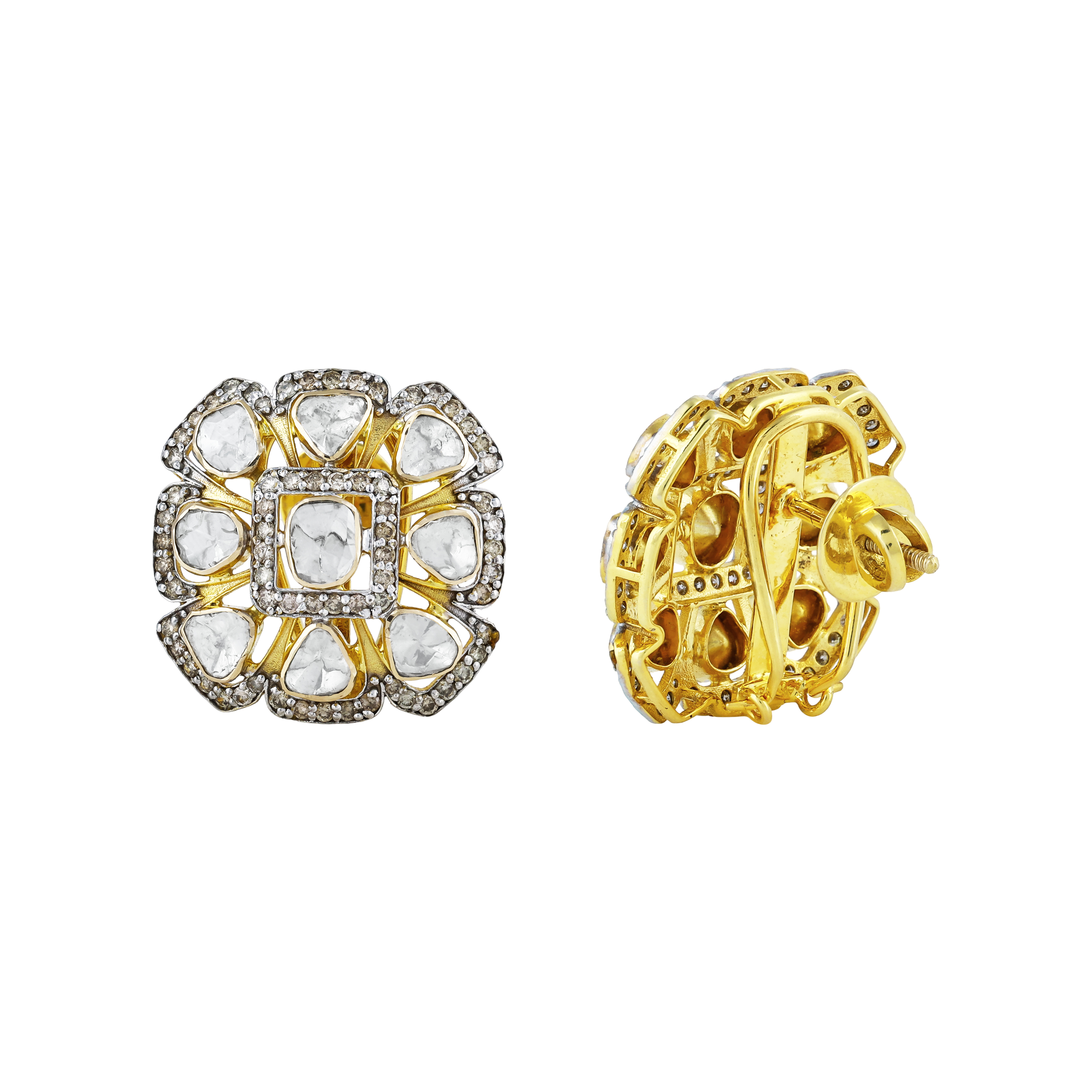 Floral Motif Earrings with Polkis and Diamond Borders