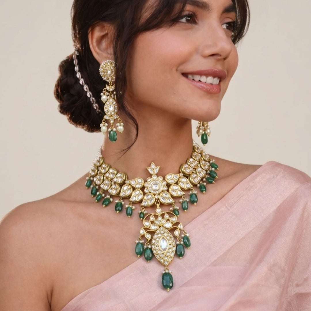 Polki Necklace Set with Emerald Drops and Pearl Strands