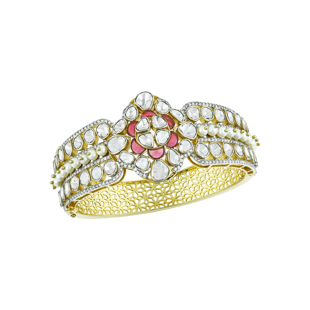 Floral Polki Bangle with Pink Talaf and Studded Pearls