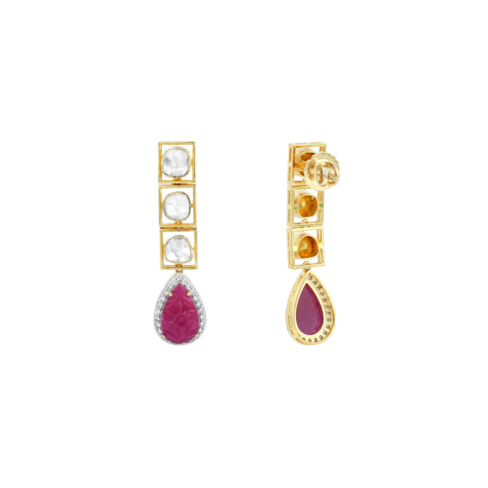 Teardrop Ruby Polki Earrings with Diamond Halo
