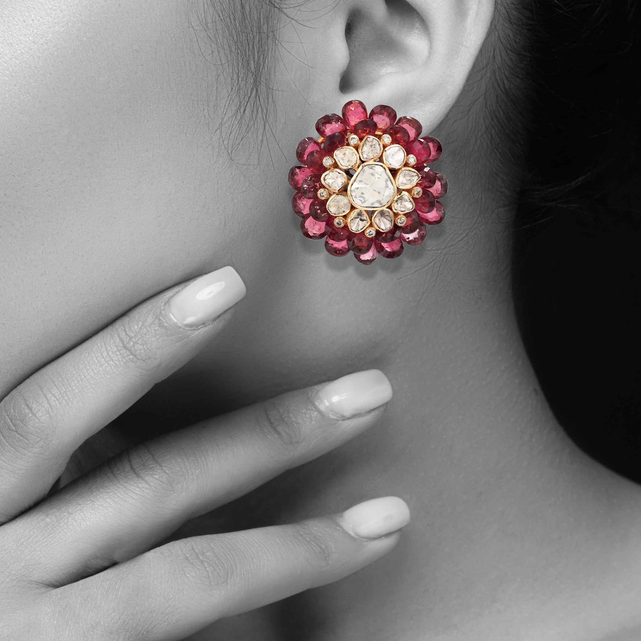 Tourmaline Floral Stud with Polki Diamonds