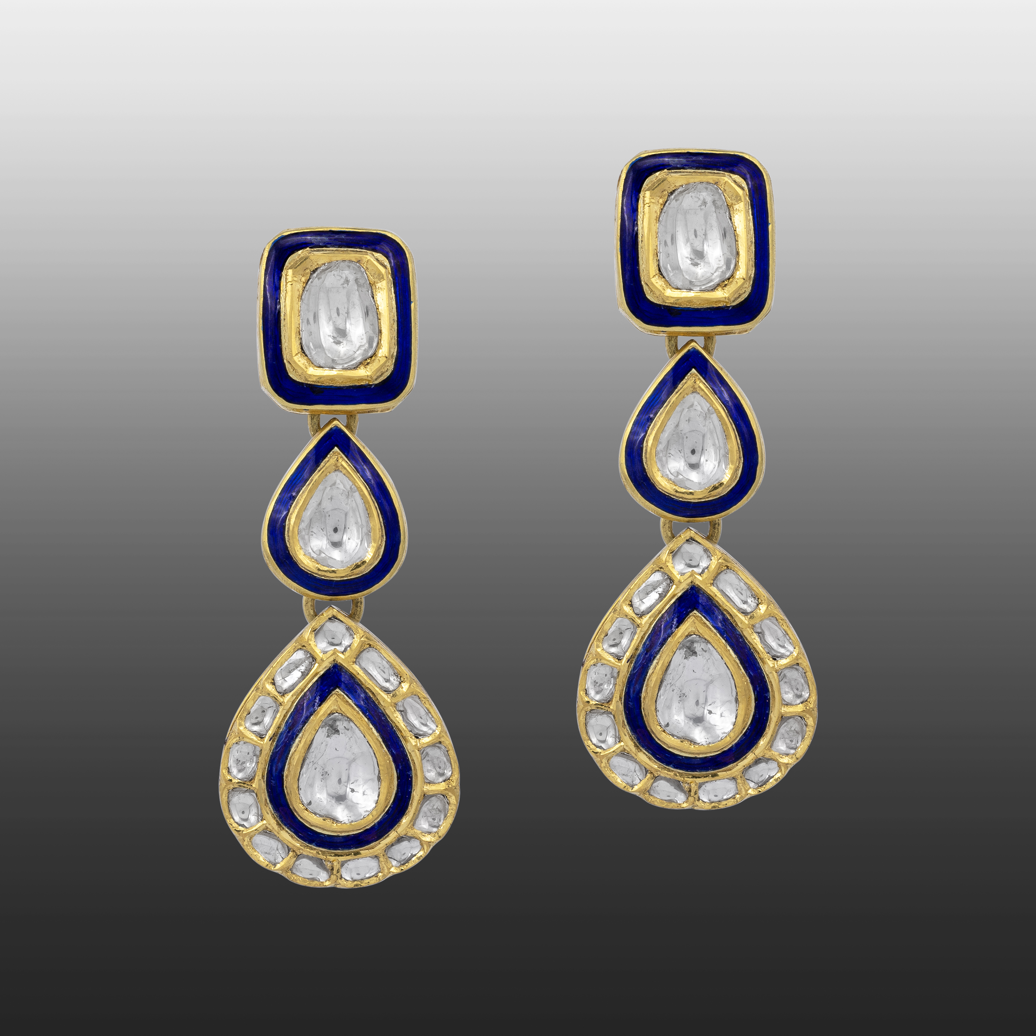 Three-Drop Polki Earrings with Enamel Detailing
