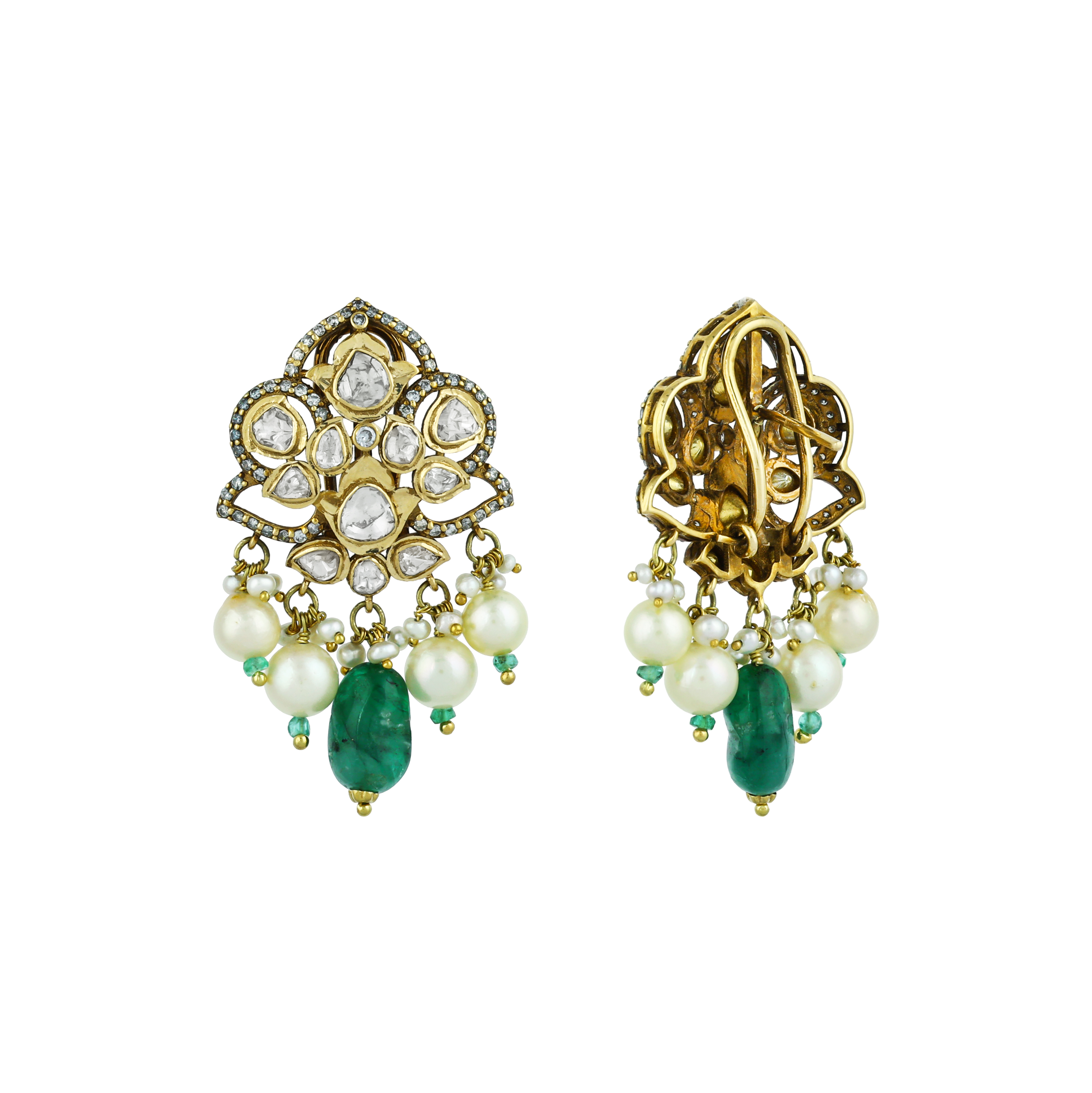 Floral Polki Earrings with Emerald and Pearl Drops