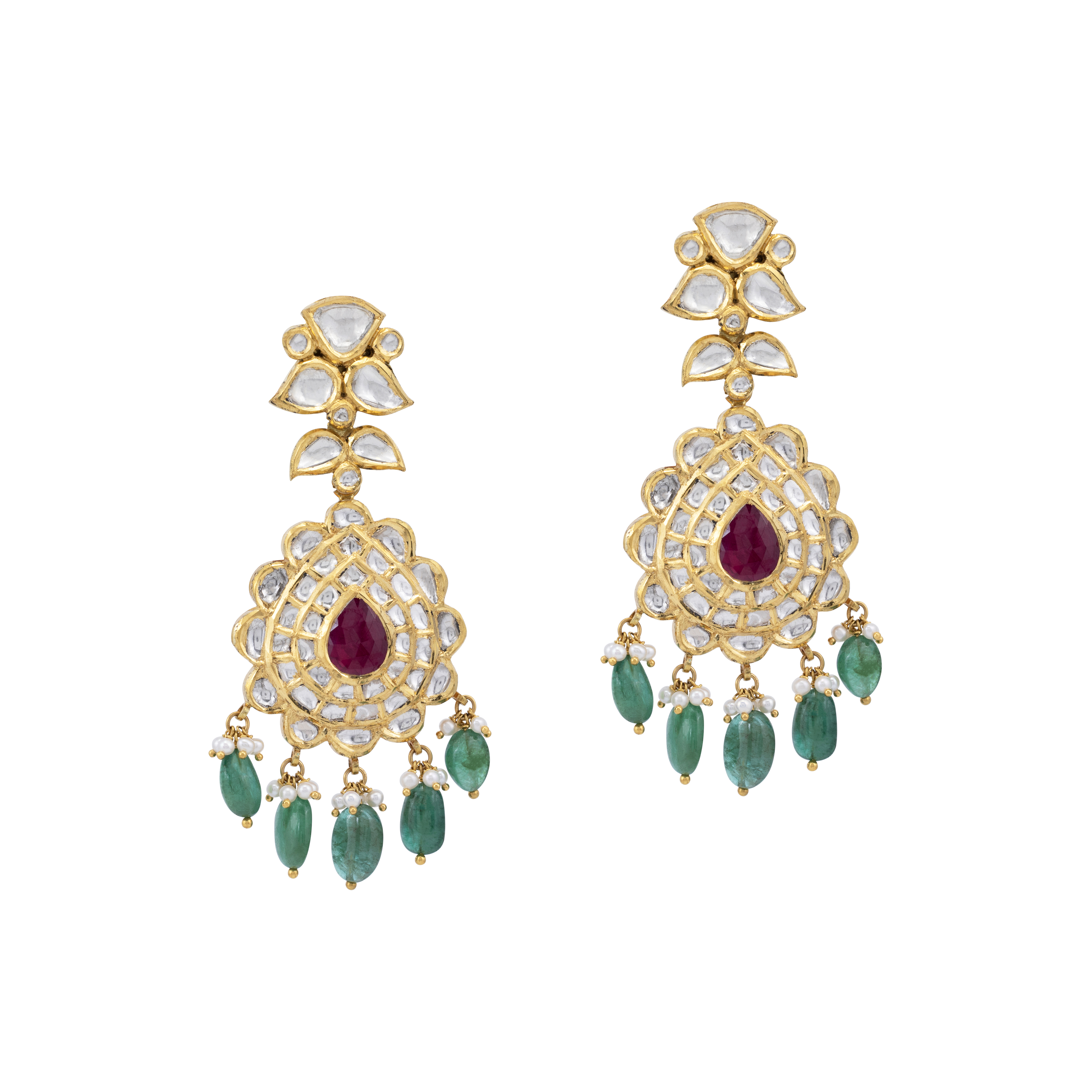 Teardrop Ruby Jadau Earrings with Emerald Drops