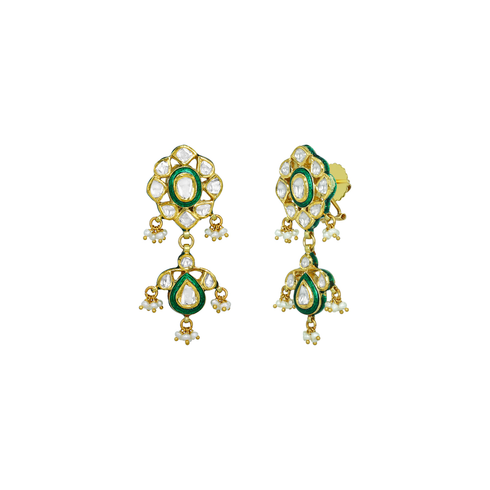 Polki Earrings with Green Enamel and Pearls