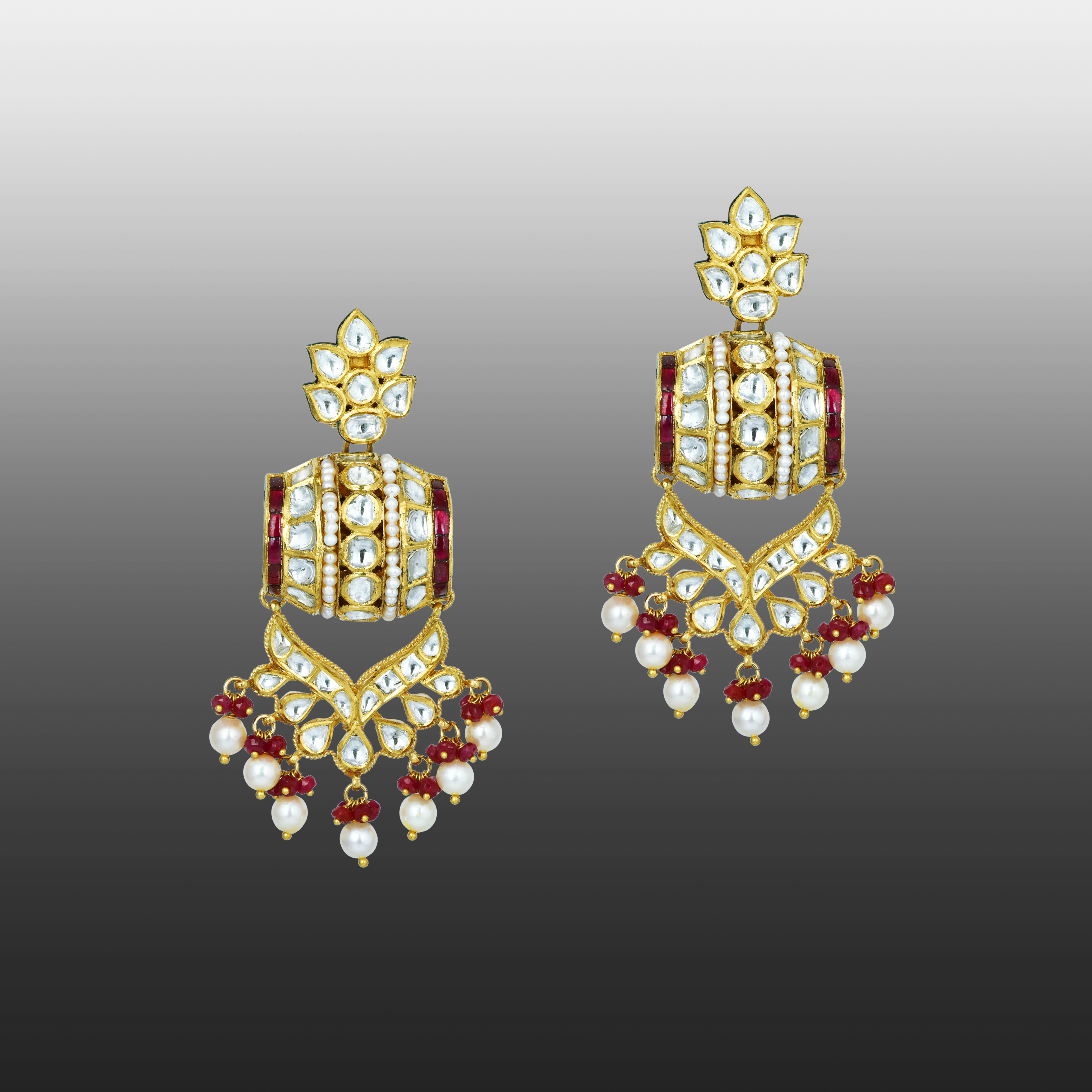 Polki Earrings with Ruby Beads and Pearls