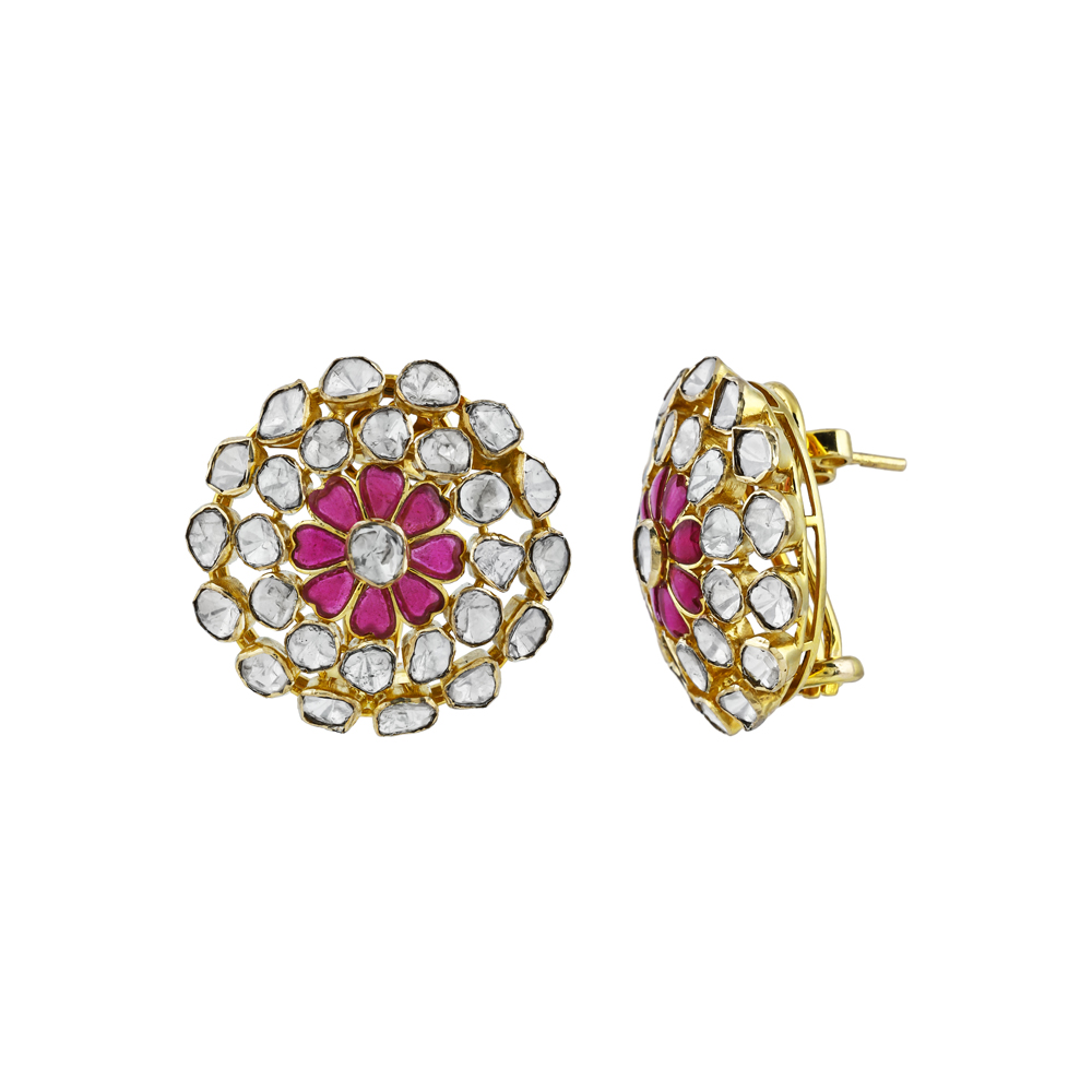 Floral Pink Stone Earrings with Uncut Diamonds in a Circular Frame
