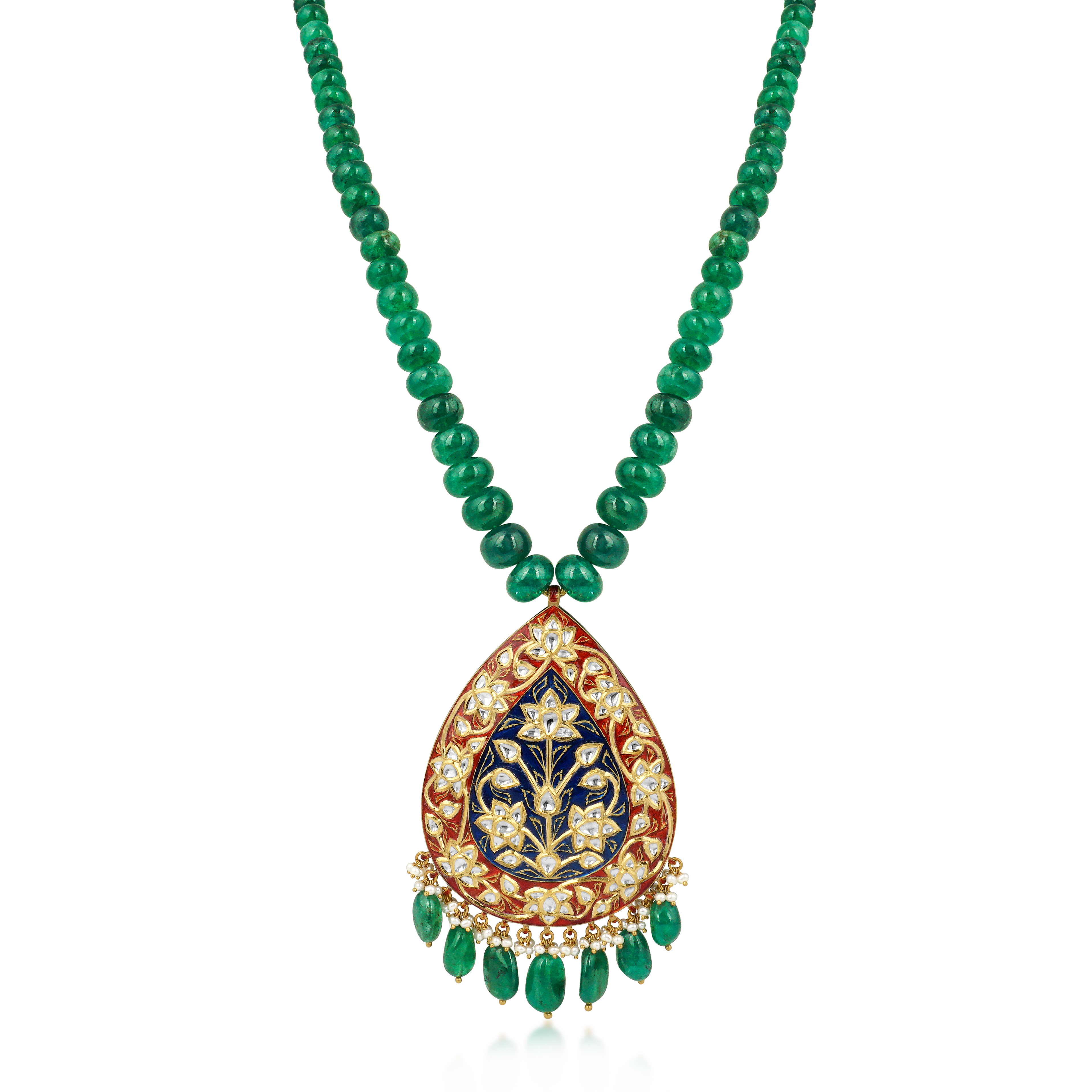 Emerald Bead Necklace with Polki Pendant and Meena Detailing