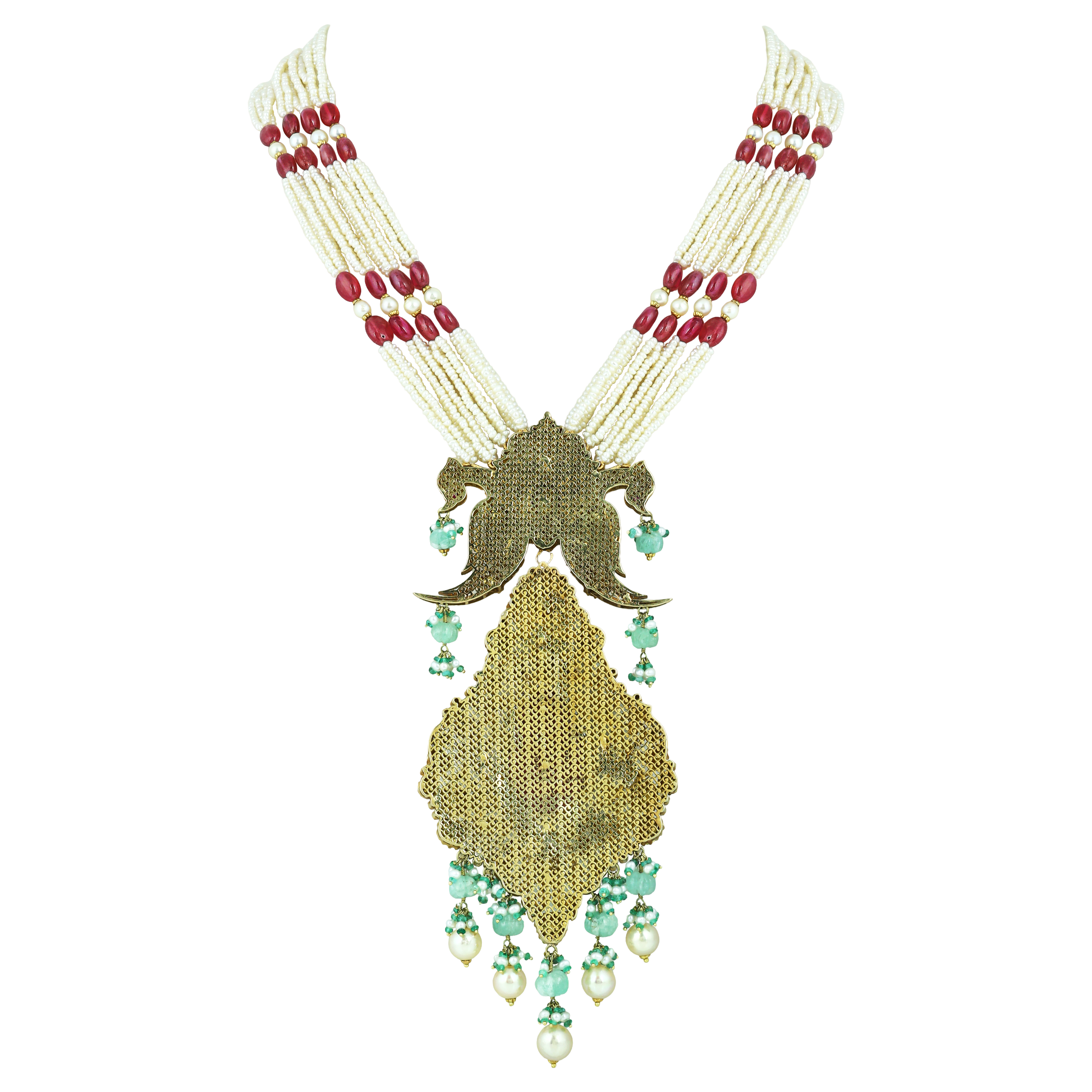 Carved Colourstone Polki Necklace with Pearl, Ruby, and Emerald Drops