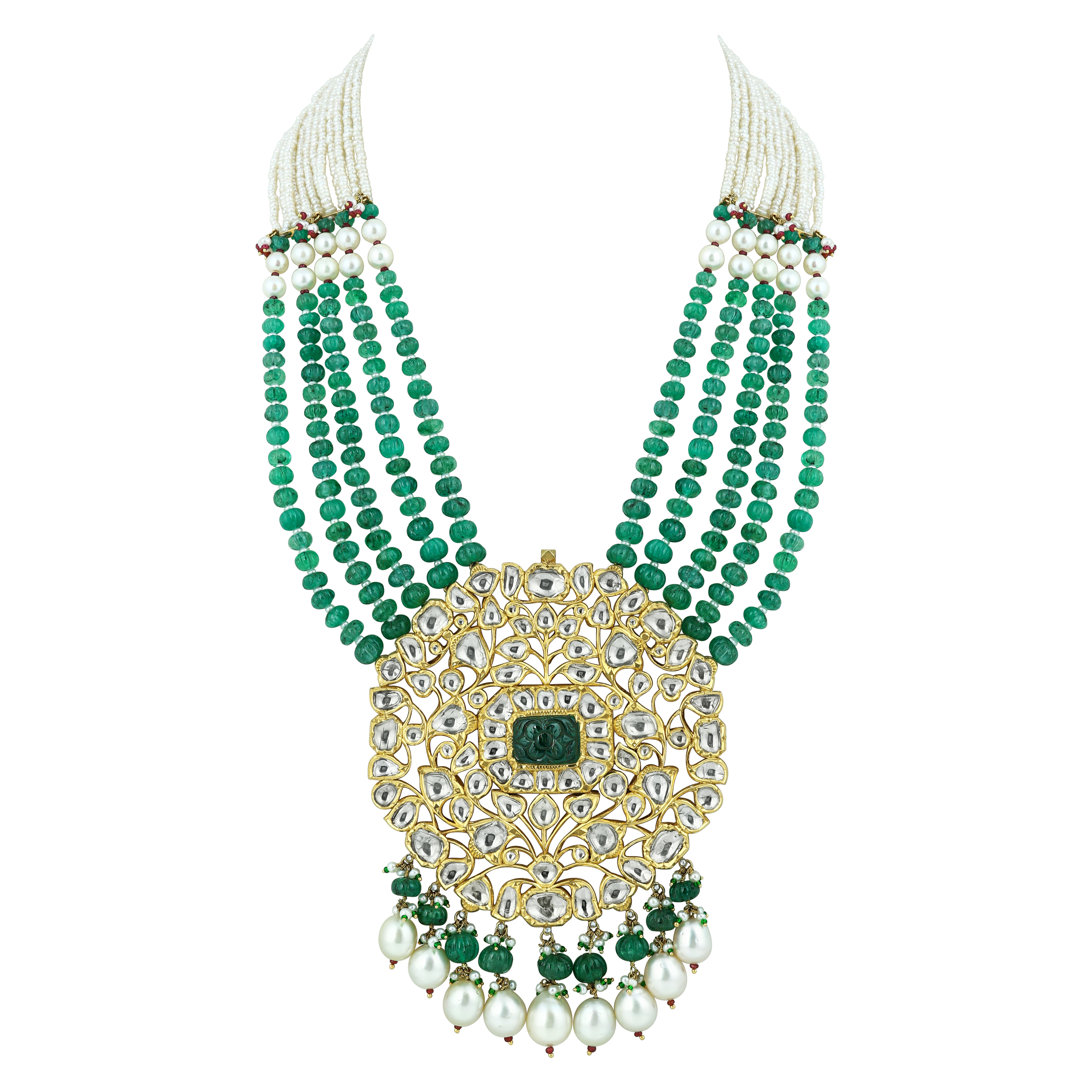 Emerald Melon Bead Necklace with Polki, Pearl Strands and Drops