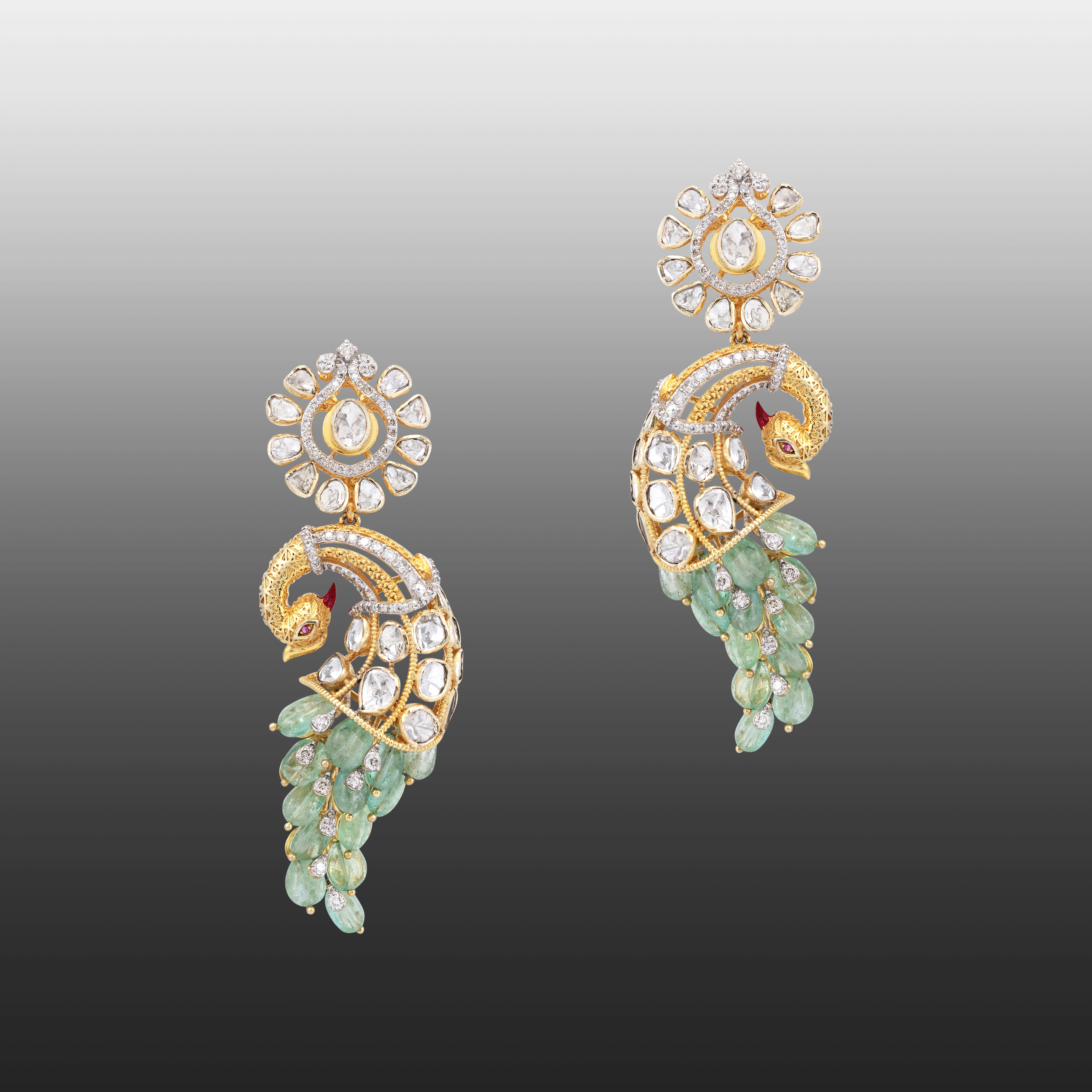 Emerald Feather Polki Peacock Drop Earrings