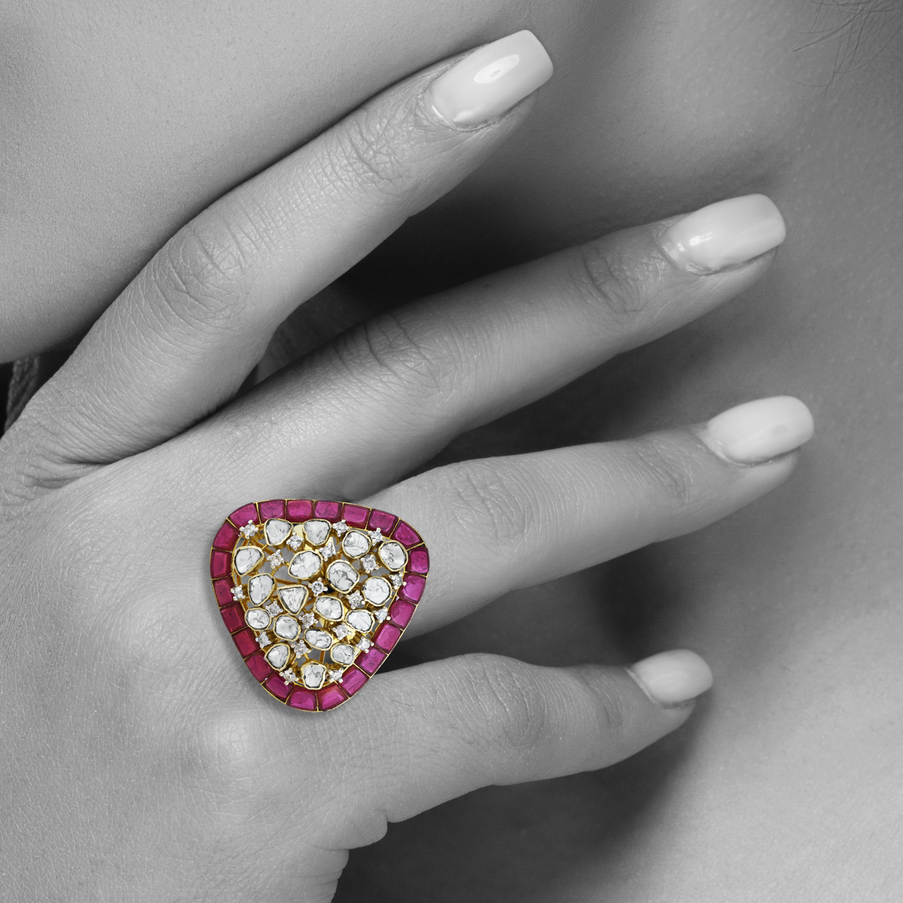 Triangular Polki Ring with Red Talaf and Diamond Cluster