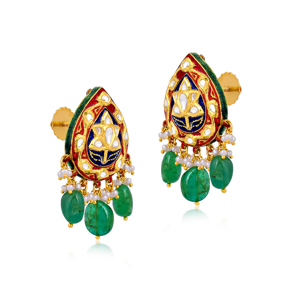 Floral Polki Earrings with Red-Blue Meena, Emeralds, and Pearls