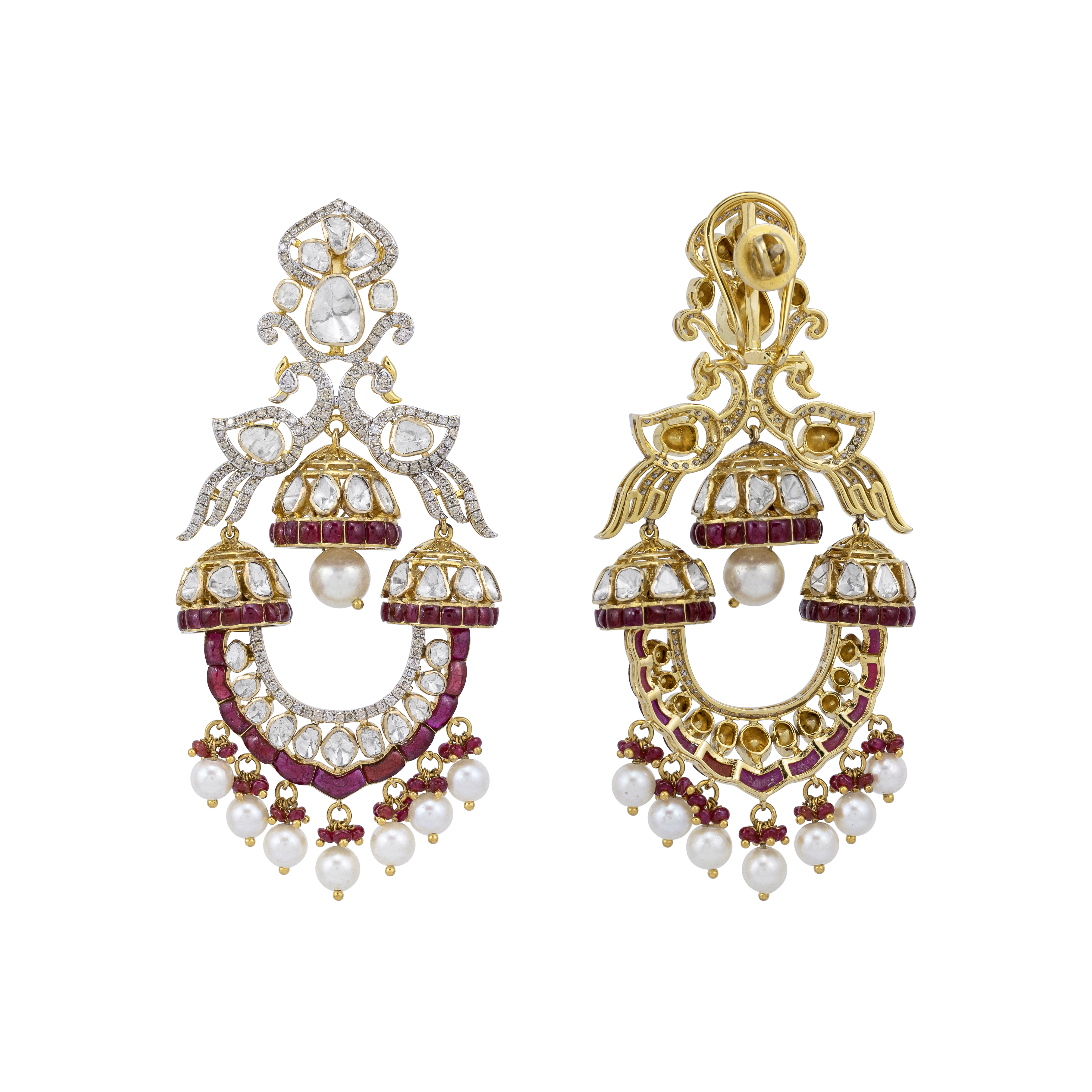 Ruby Bead and Pearl Danglers with Polki