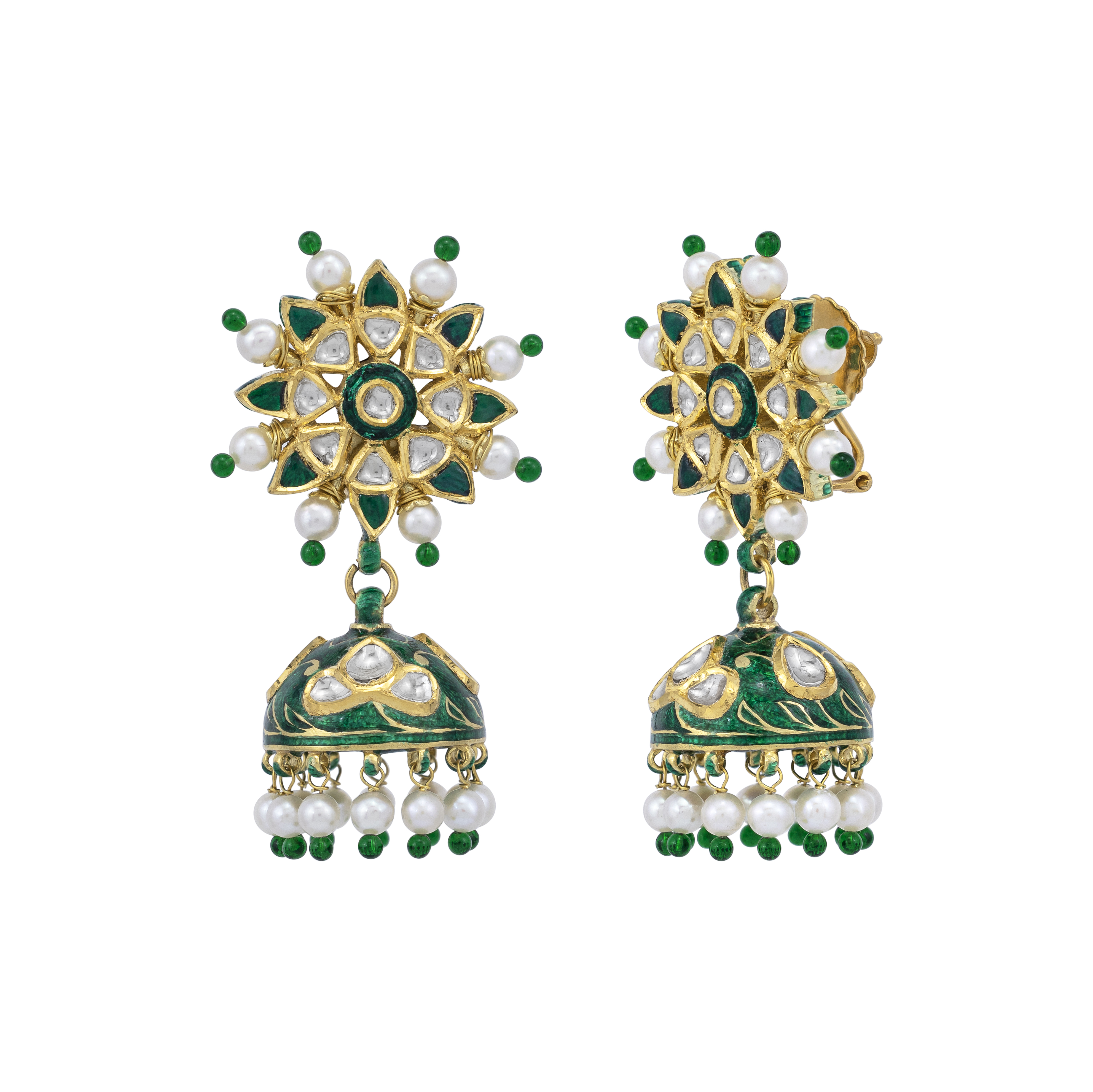 Floral Polki Jhumkas with Green Bead Fringe