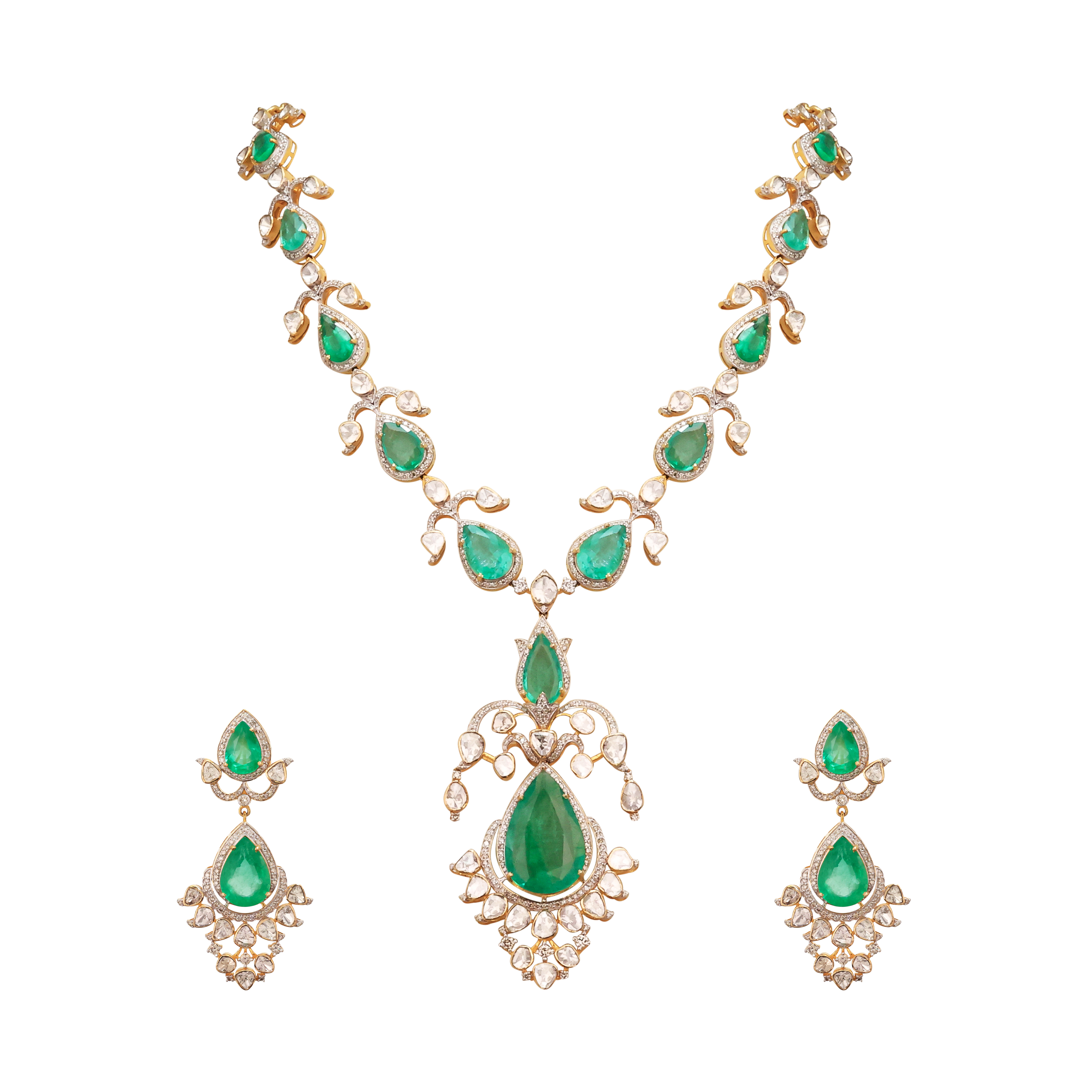 Pear Emerald Necklace Set with Diamond and Polki Detailing