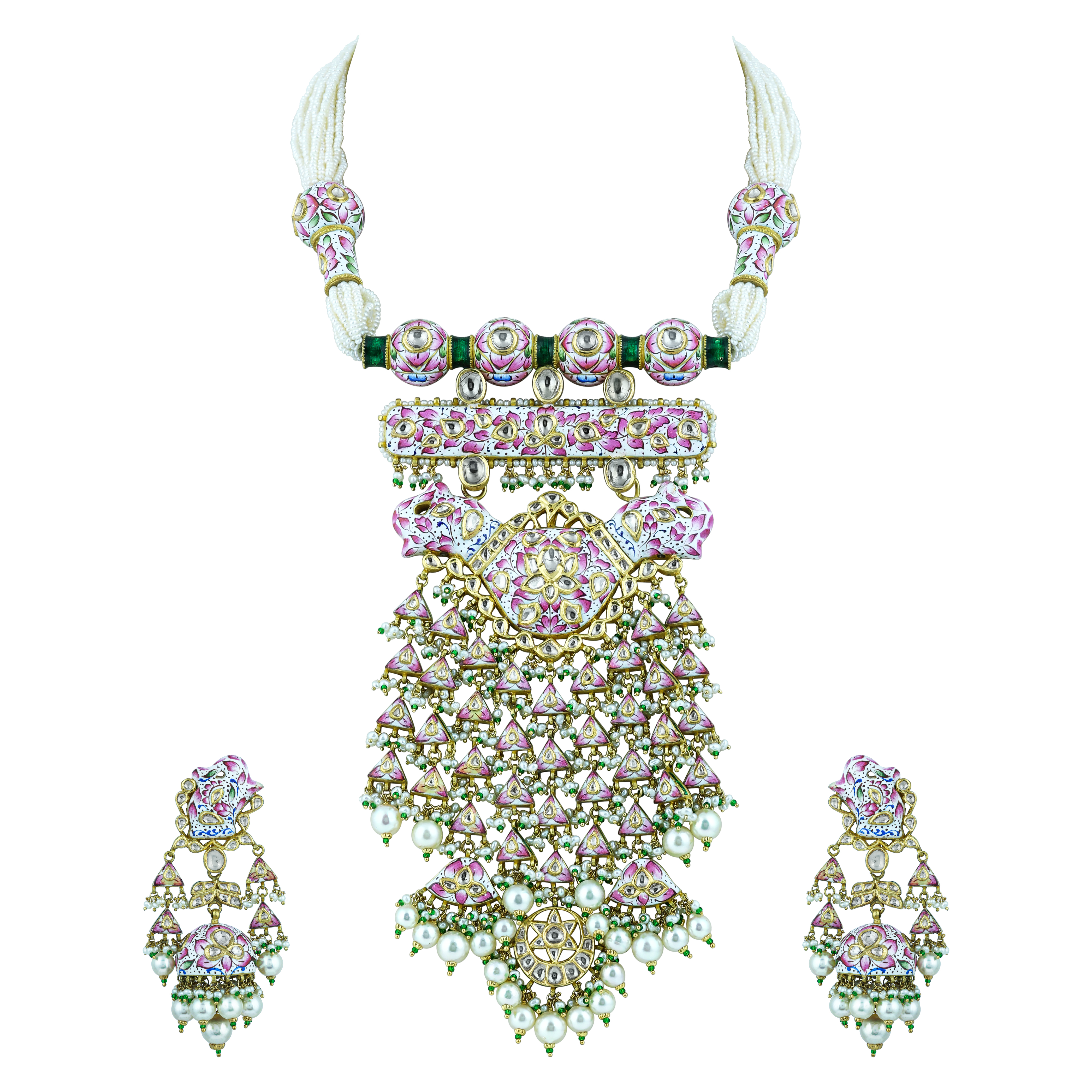 Pink White Meenakari Necklace Set with Uncut Diamond Polkis & Pearls