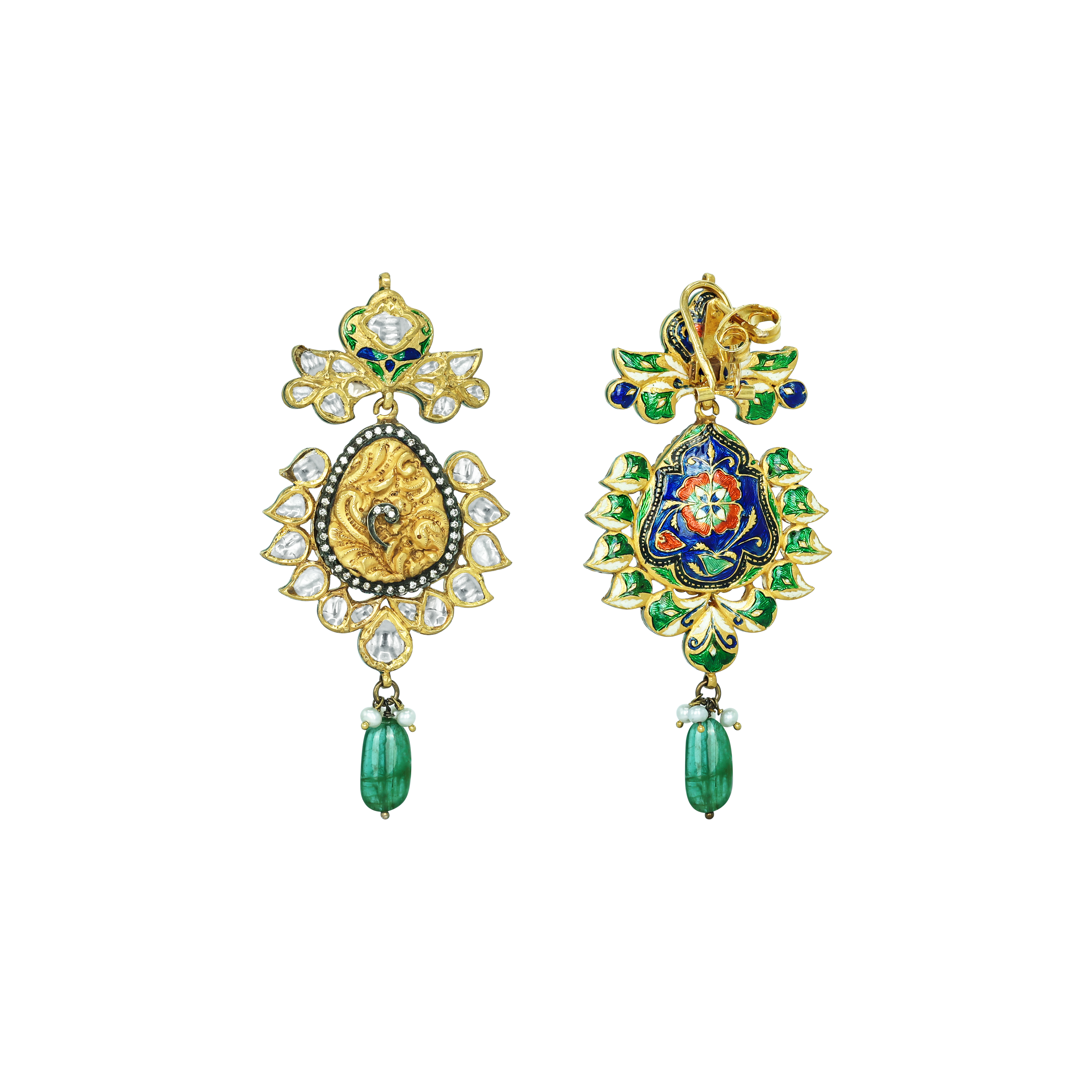 Krishna Polki Pendant Necklace Set with Pearls, Emeralds and Enamel