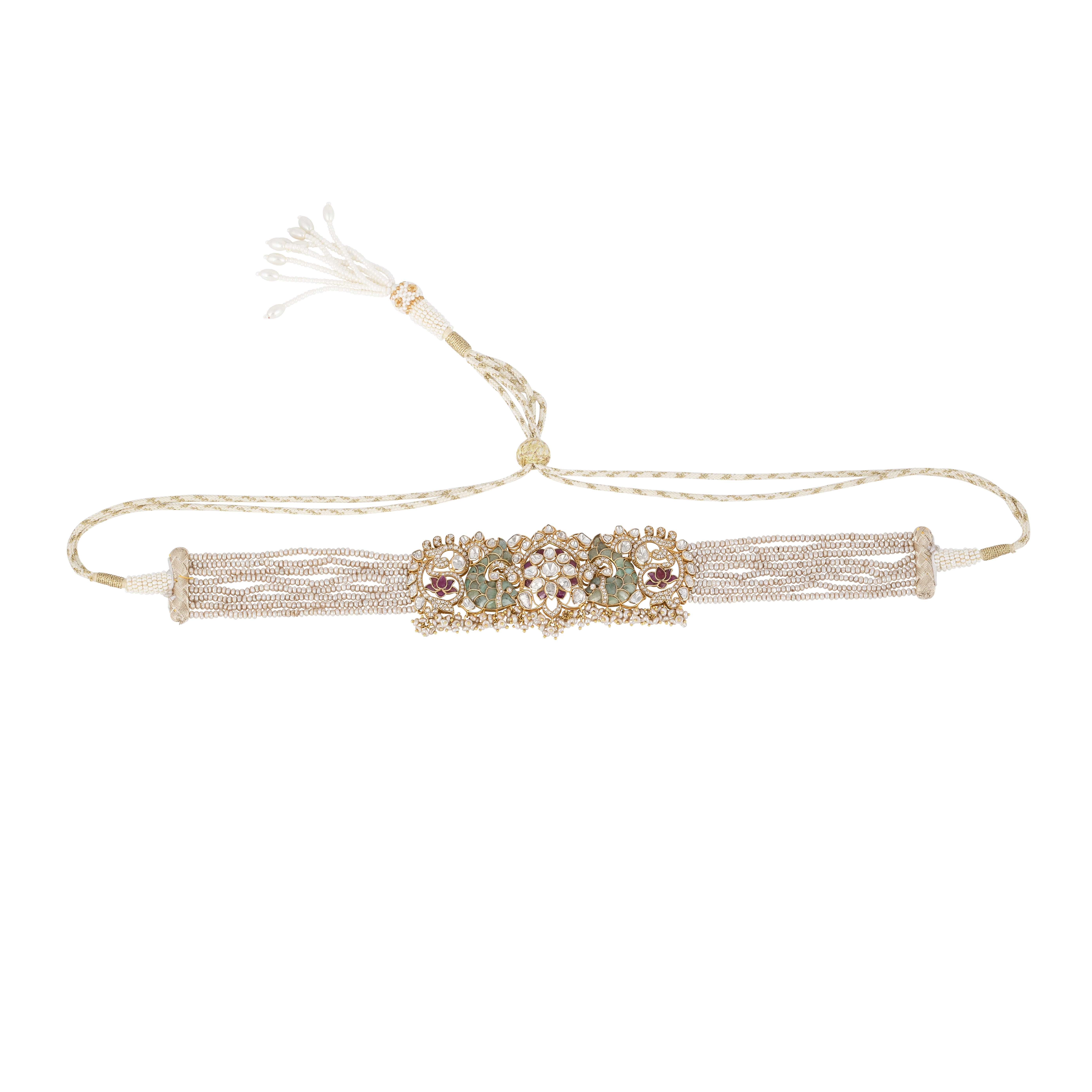 Floral Polki Diamond Choker Set with Green Talaf & Fish Motifs