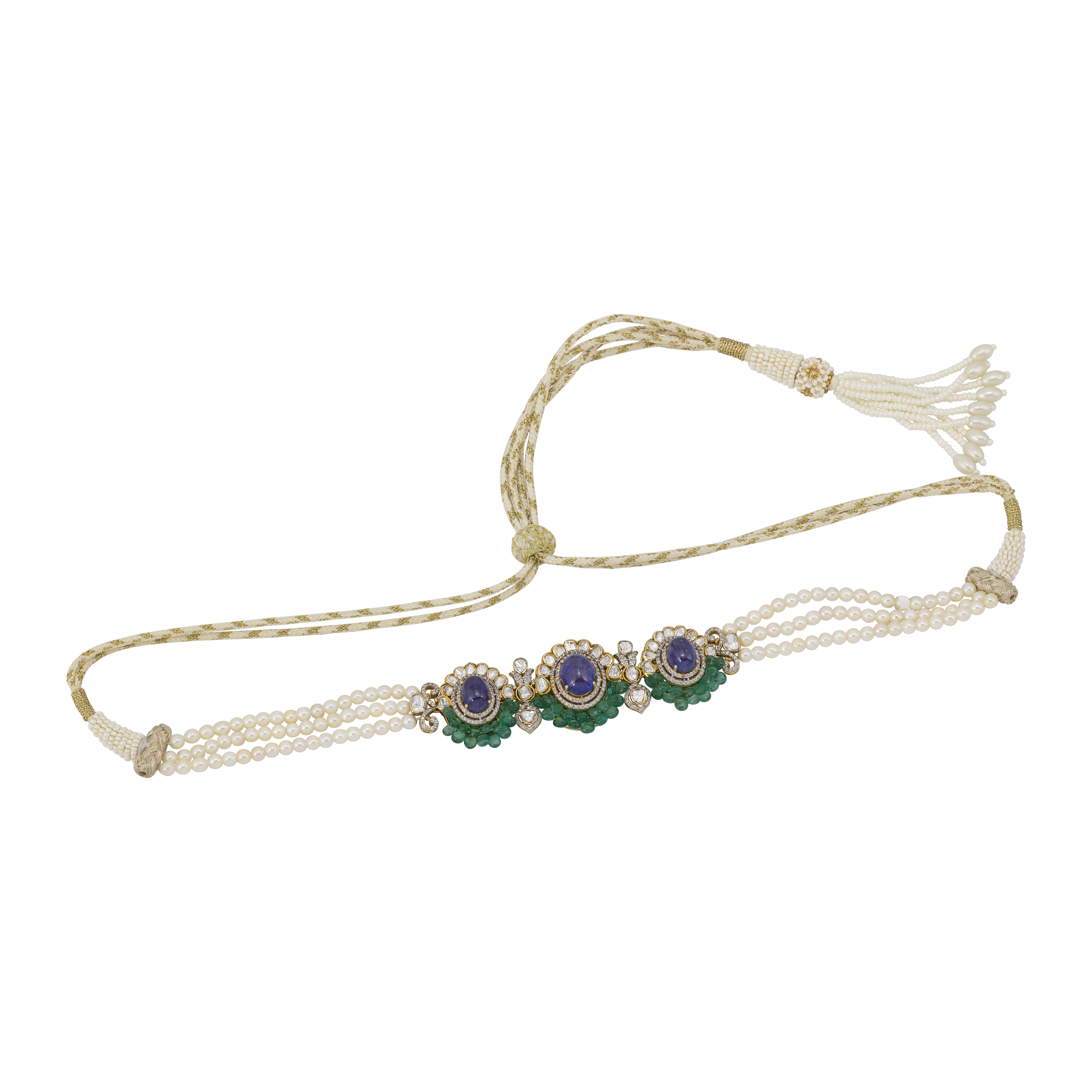 Tanzanite and Emerald Choker with Pearl Strands