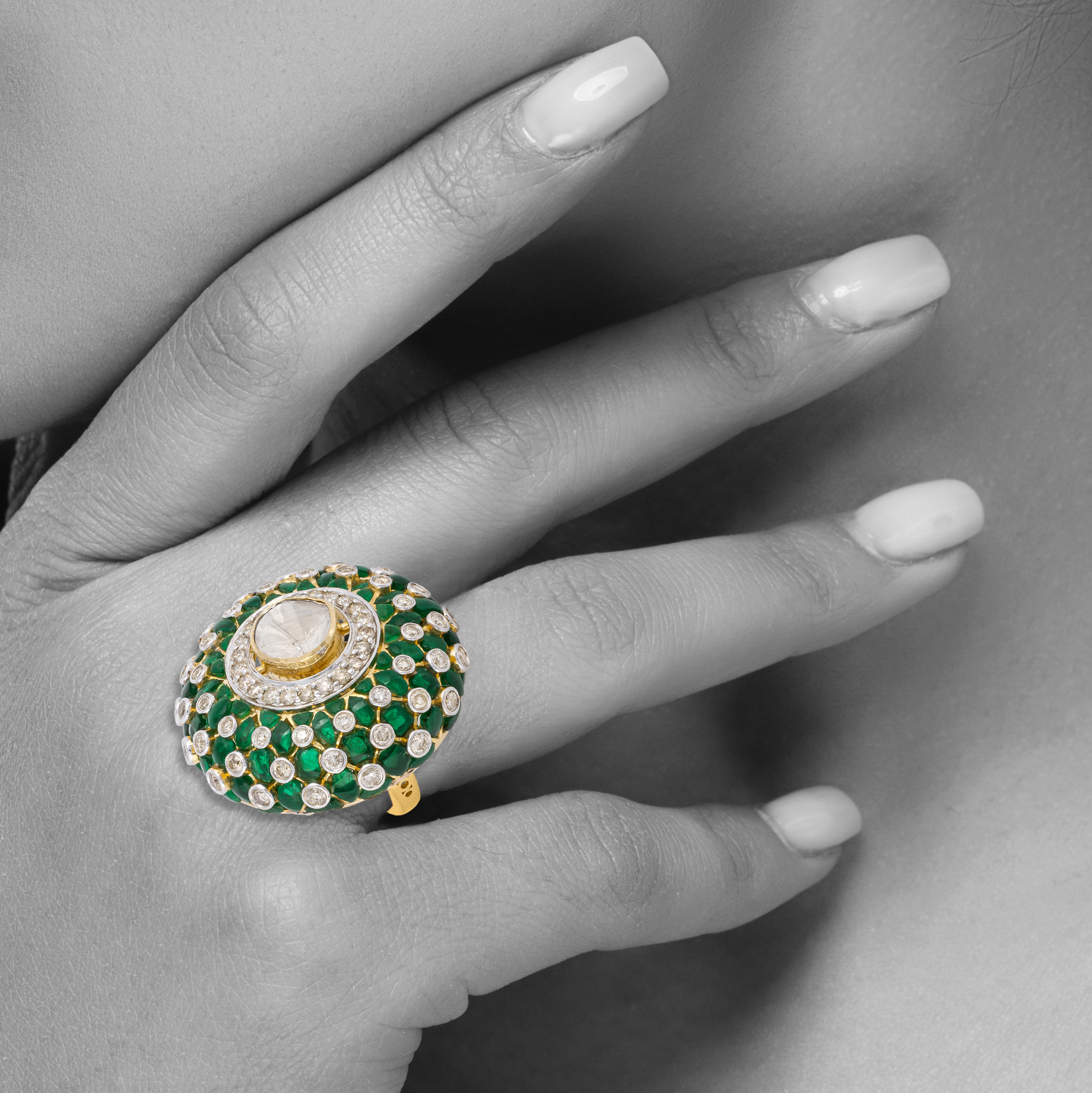 Statement Ring with Polki, Green Talaf and Diamonds